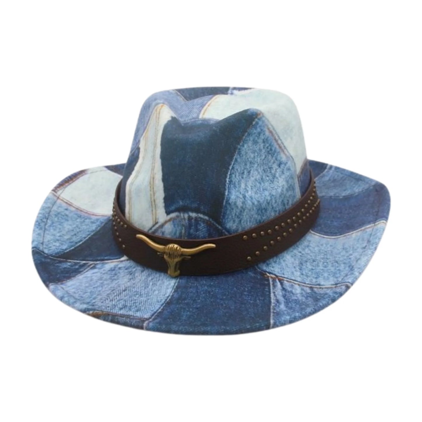 Vintage Denim Cowboy Hat Unisex With Bull Head Belt Brim
