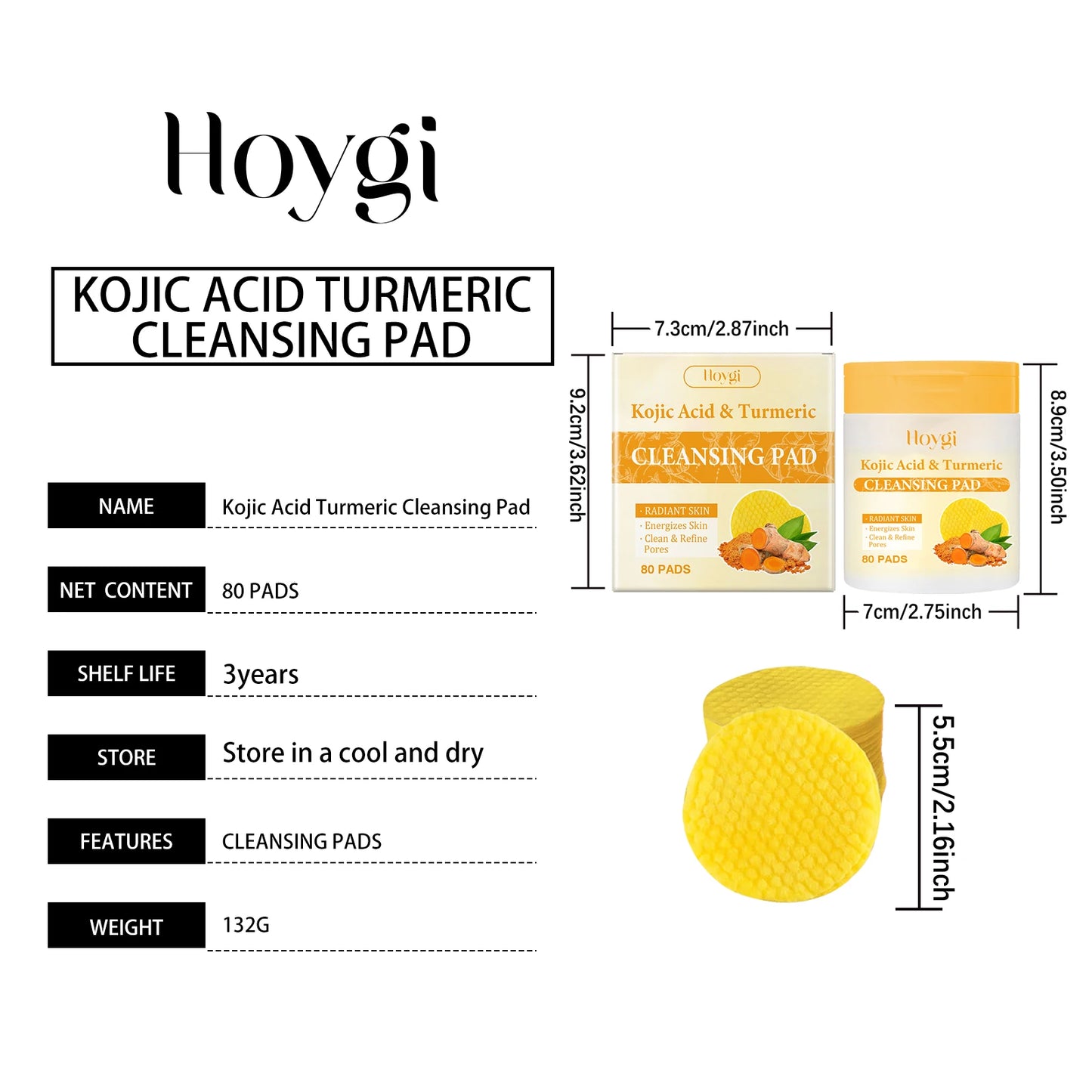 Hoygi Turmeric Kojic Acid Cleansing Pads Exfoliating Daily Face Wash