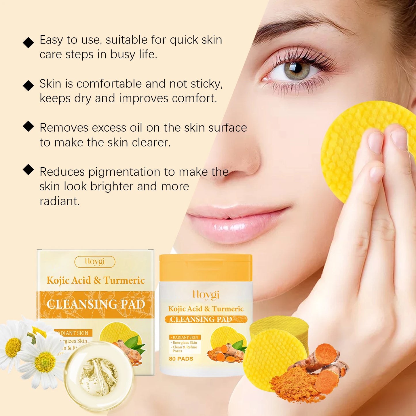 Hoygi Turmeric Kojic Acid Cleansing Pads Exfoliating Daily Face Wash