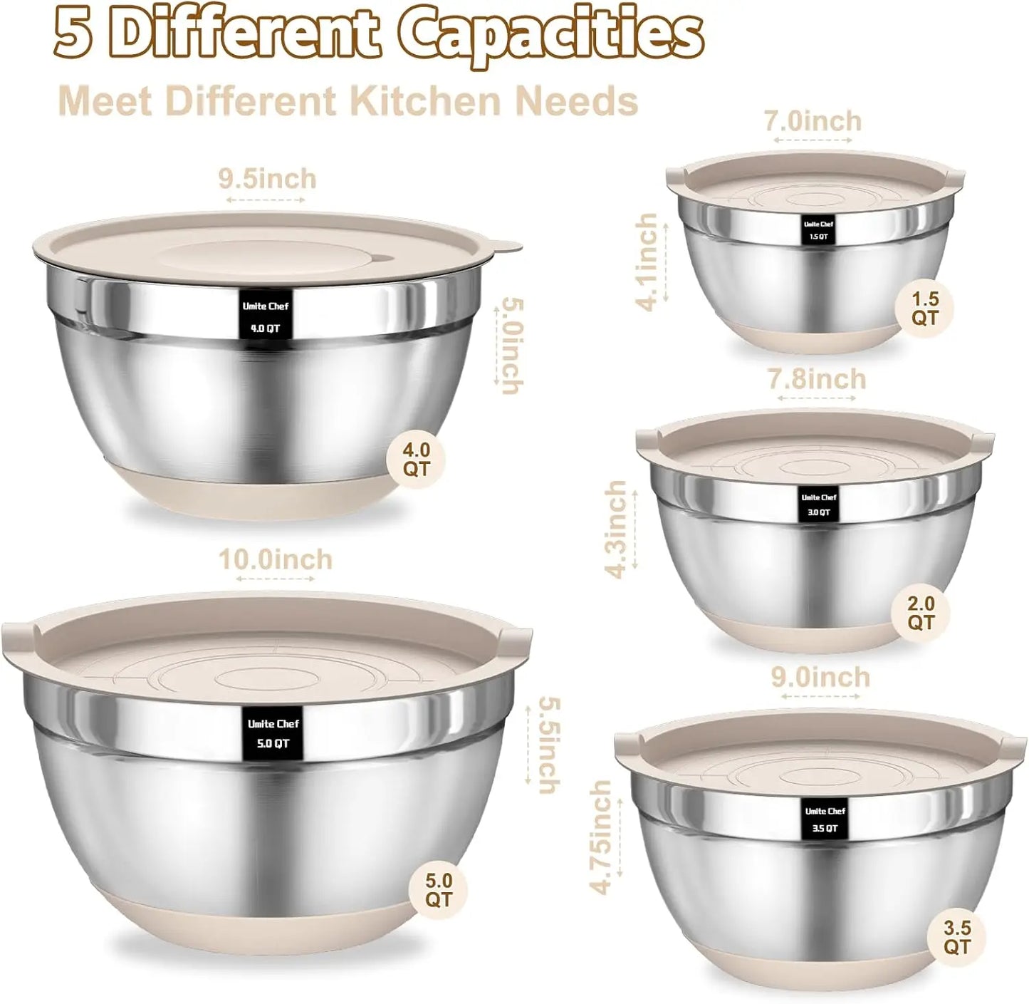 Stainless Steel Mixing Bowls Set With Airtight Lids Grater Attachments