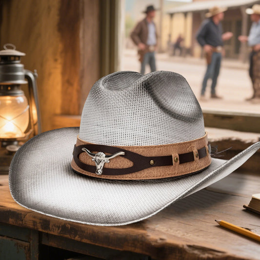 Unisex Straw Cowboy Hat With Bull Head Design Sun Protection
