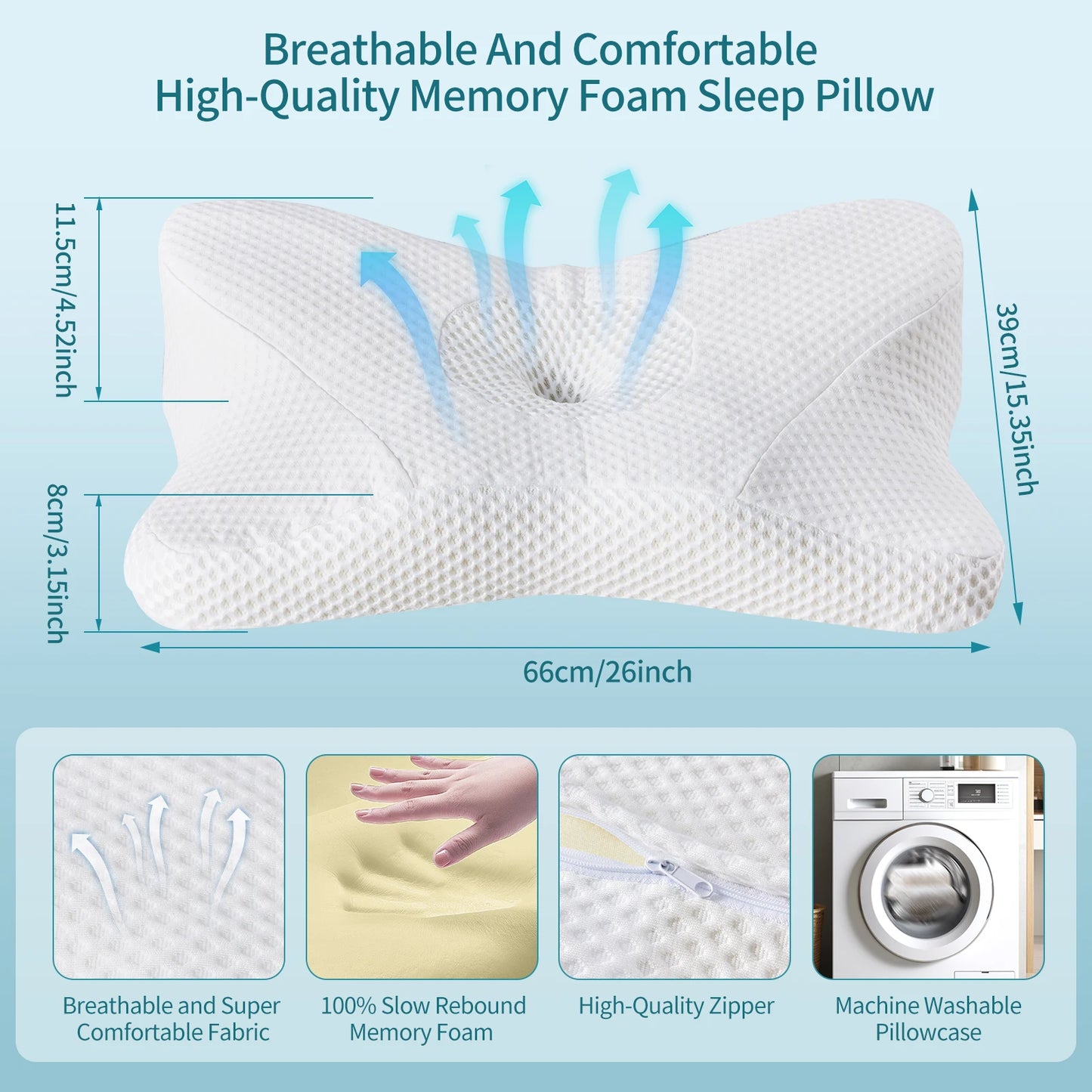 Ergonomic Neck Pillow Memory Foam Ventilated Cooling Washable Cover