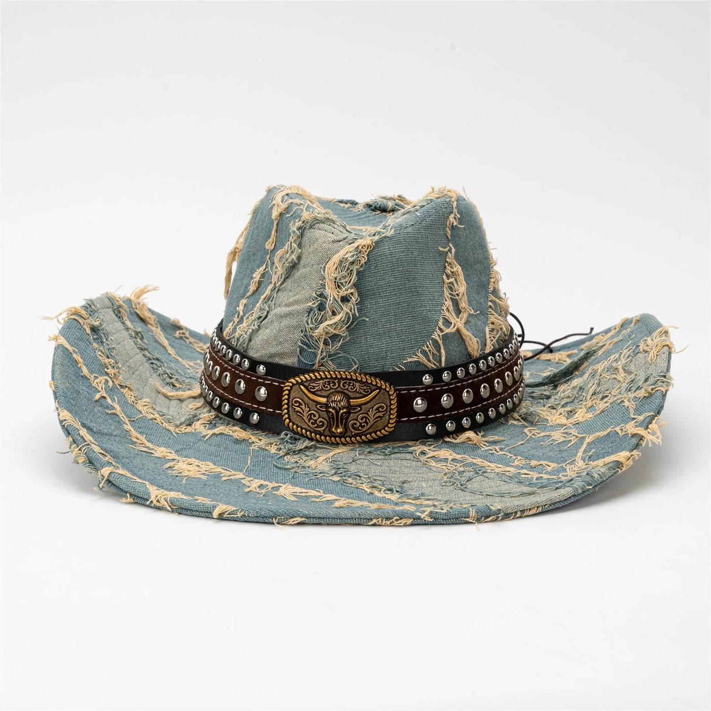 Denim Cowboy Hat With Bull Head Belt Distressed Wide Brim