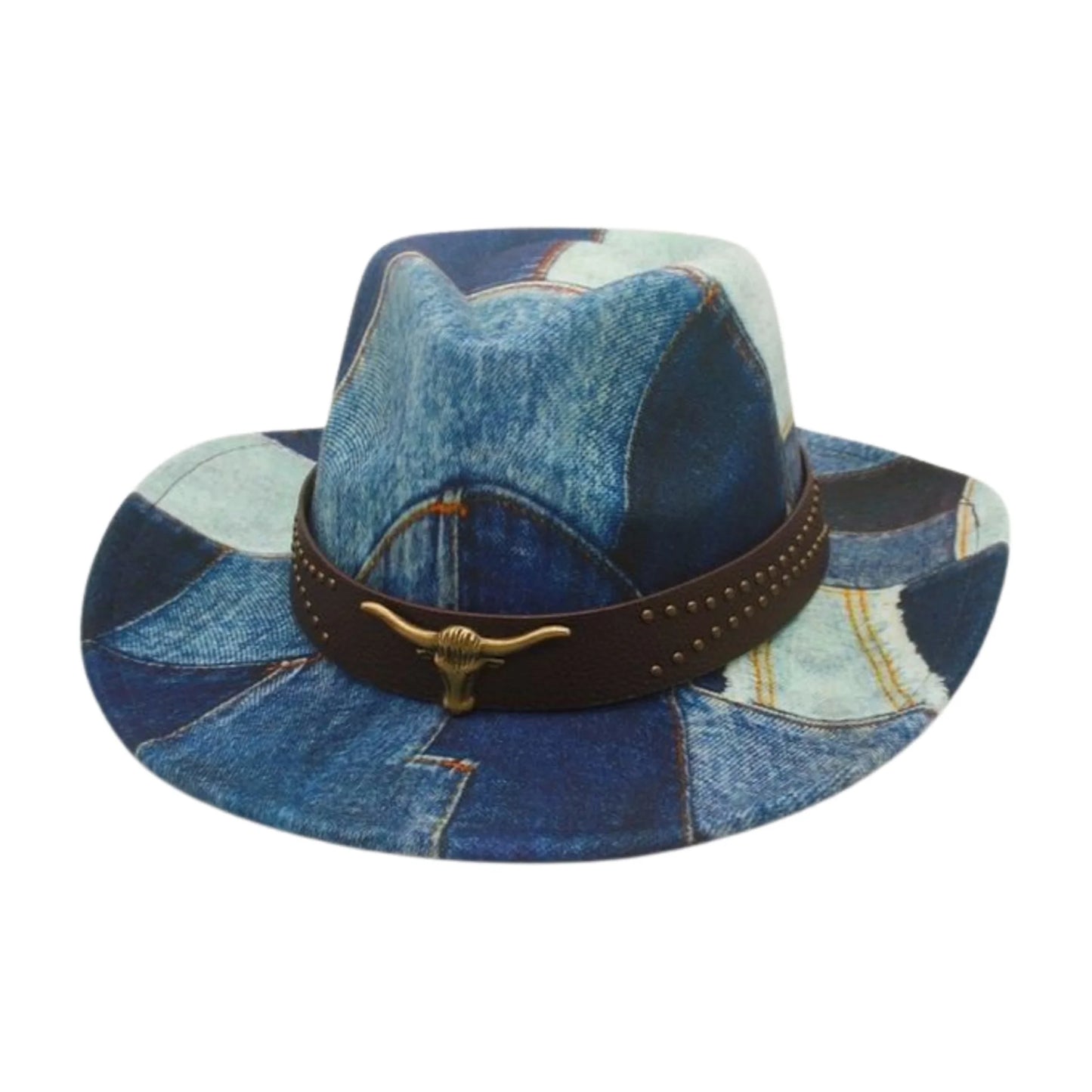 Vintage Denim Cowboy Hat Unisex With Bull Head Belt Brim
