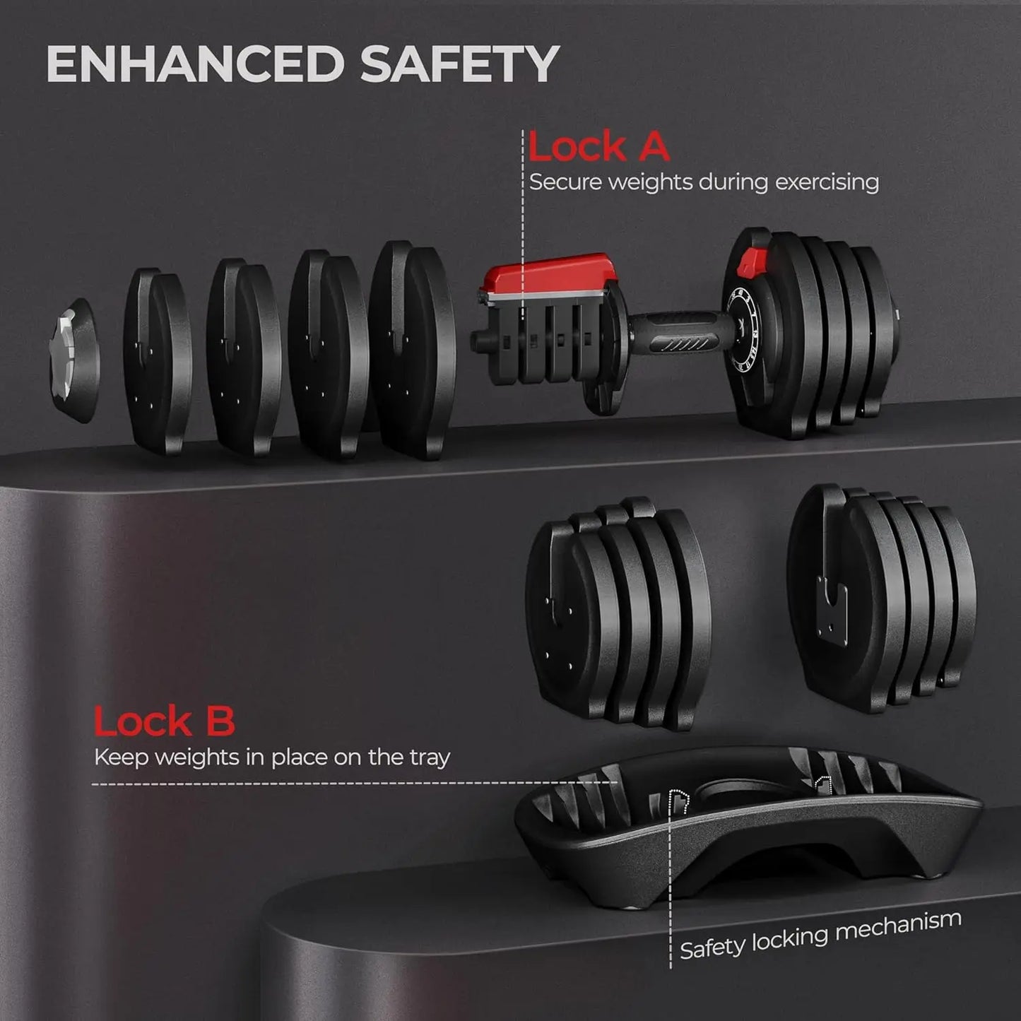 Adjustable Dumbbell Set With Anti Slip Handle And Tray