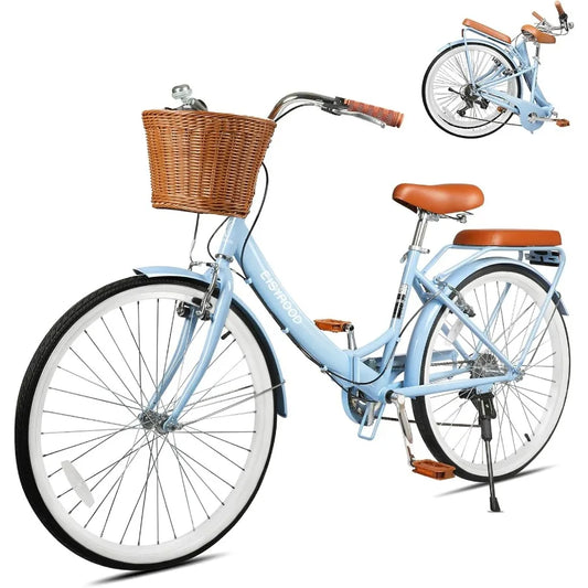 XMSJ Foldable Womens Bike With Basket 7 Speed Beach Cruiser
