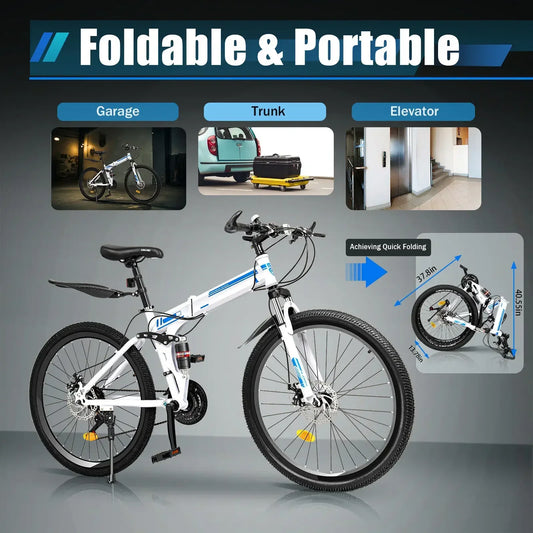 Folding Mountain Bike 21 Speed Dual Disc Brakes Mens MTB