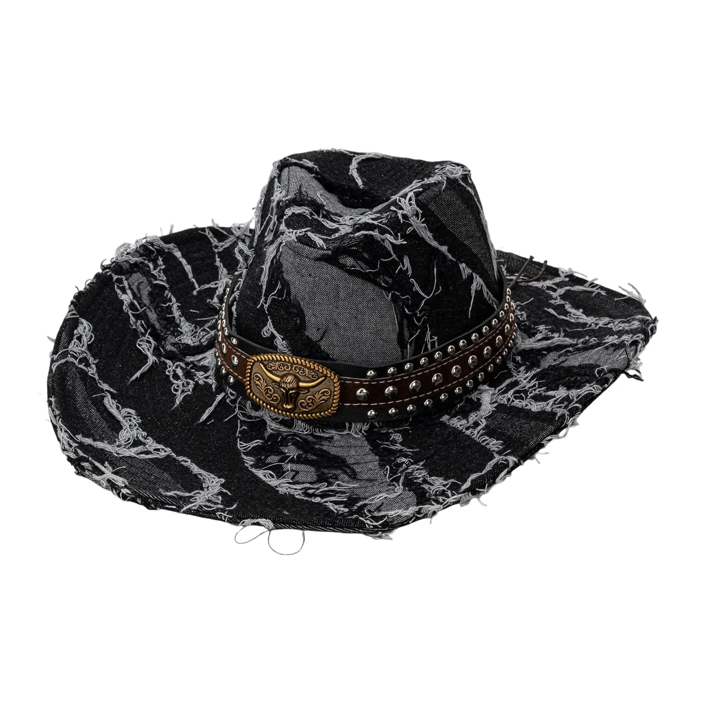 Denim Cowboy Hat With Bull Head Belt Distressed Wide Brim