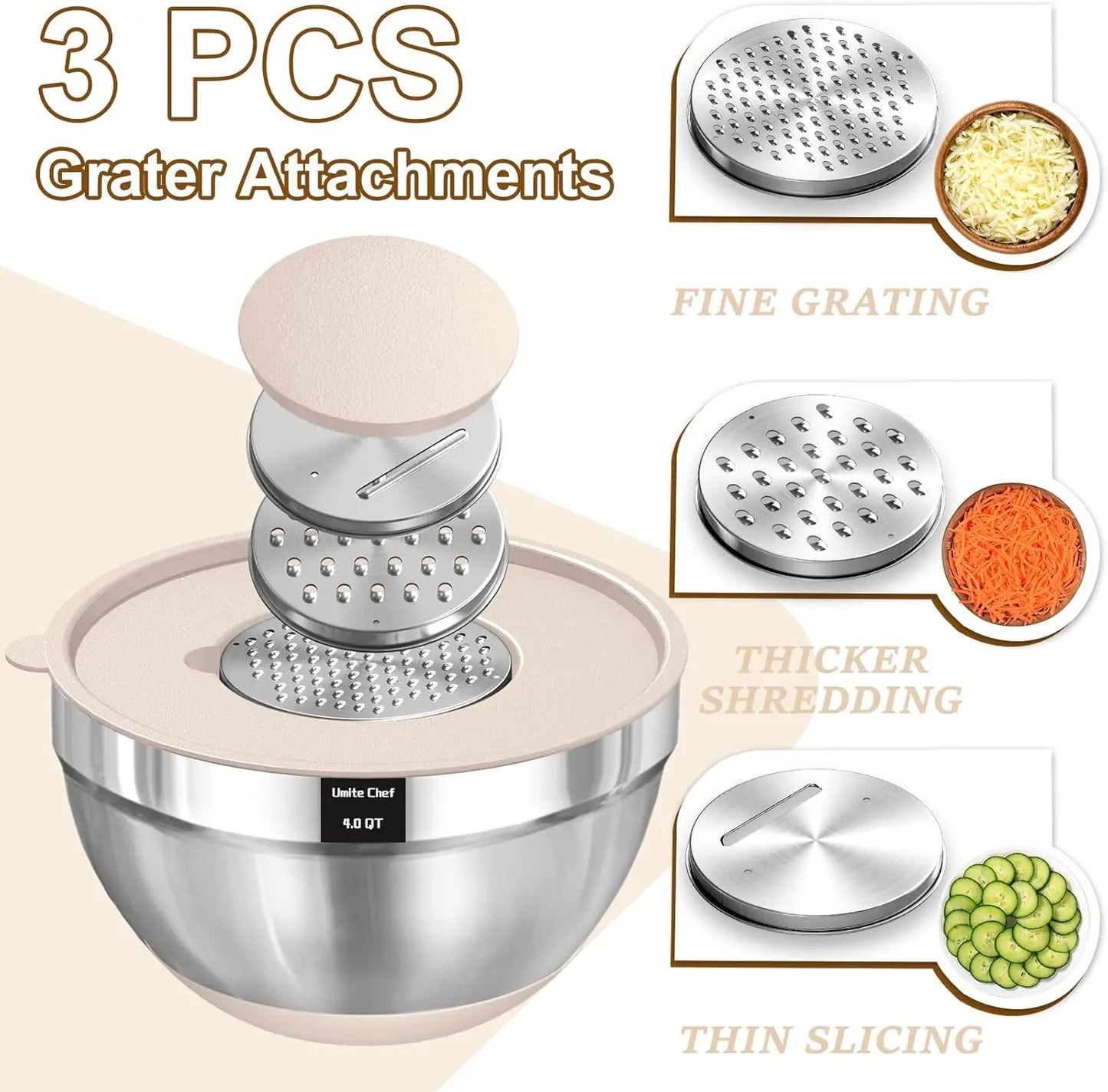 Stainless Steel Mixing Bowls Set With Airtight Lids Grater Attachments