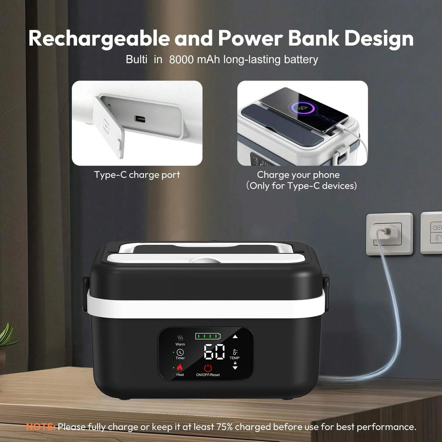 Wireless Electric Insulated Lunch Box 8000mAh Battery And 60W Heating