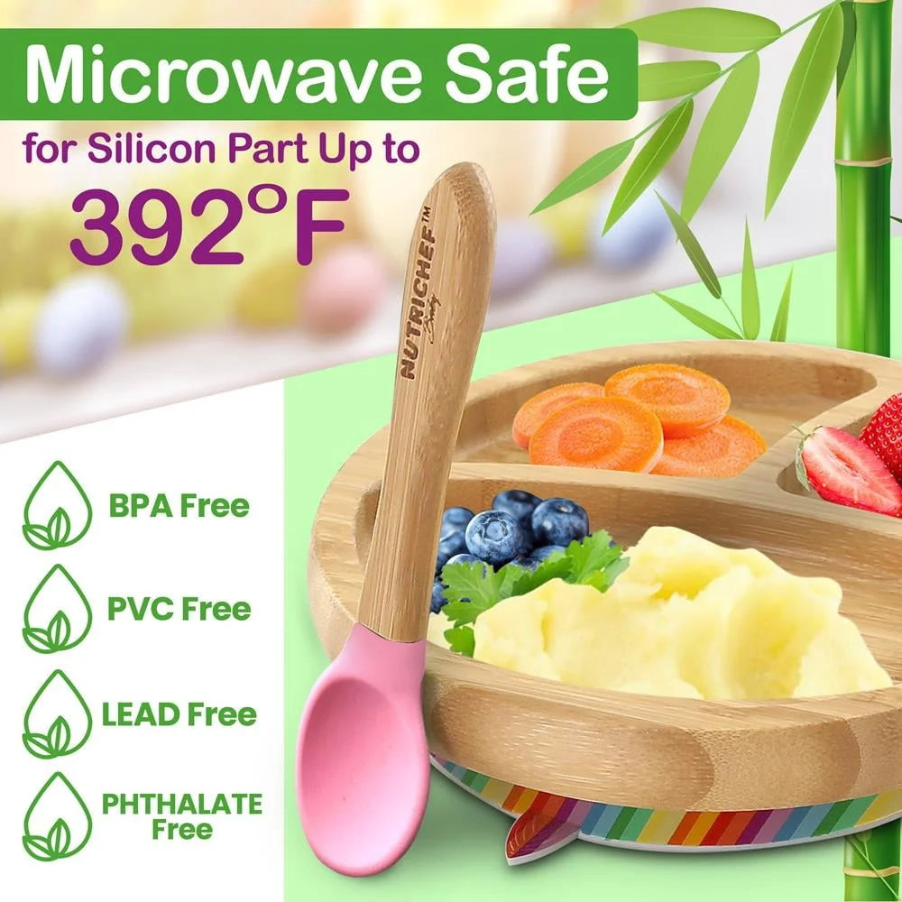 Baby Toddler Spoon Set Bamboo Utensils With Soft Silicone Tips BPA Free