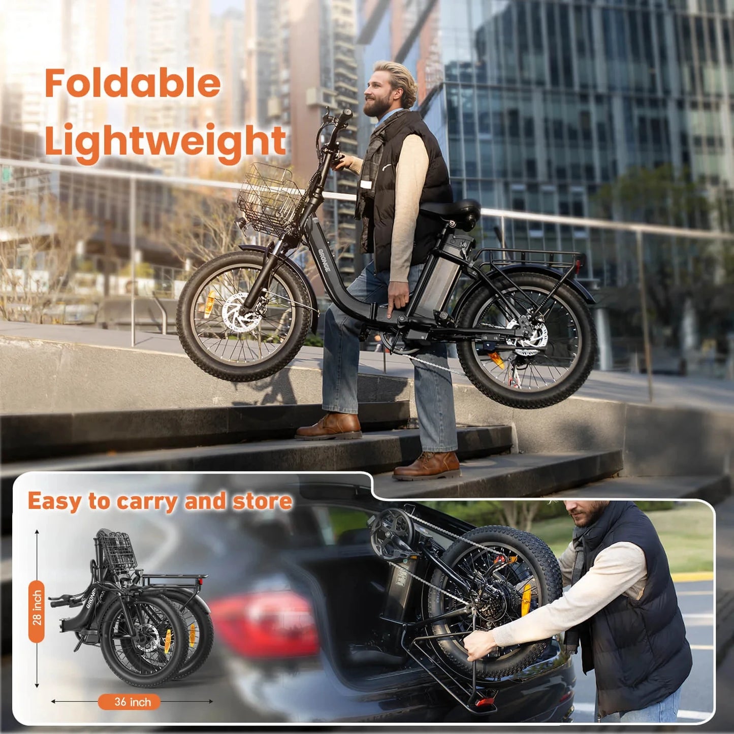 QRONGE 1000W Folding Electric Bike 486Wh Battery 70 Mile Range