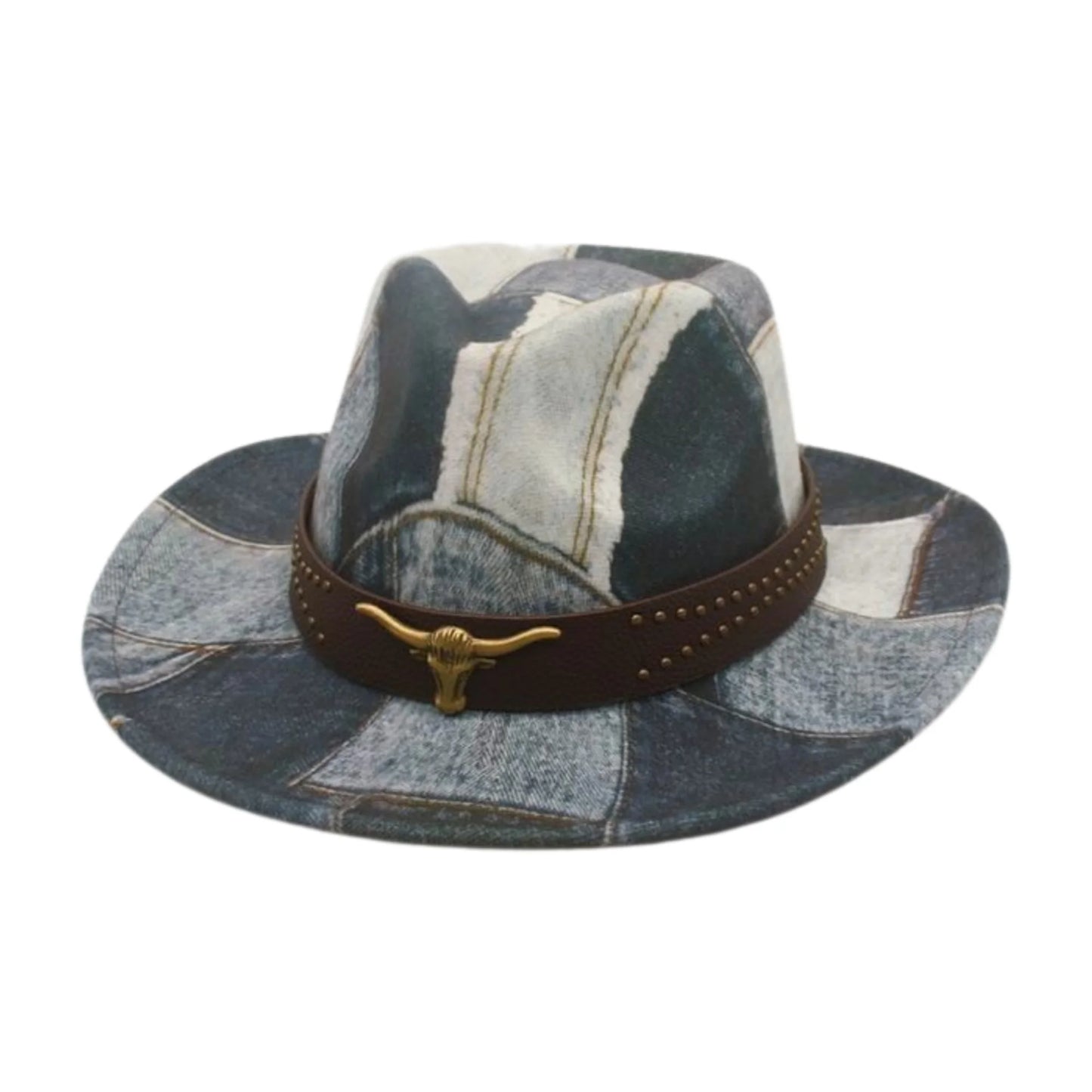 Vintage Denim Cowboy Hat Unisex With Bull Head Belt Brim