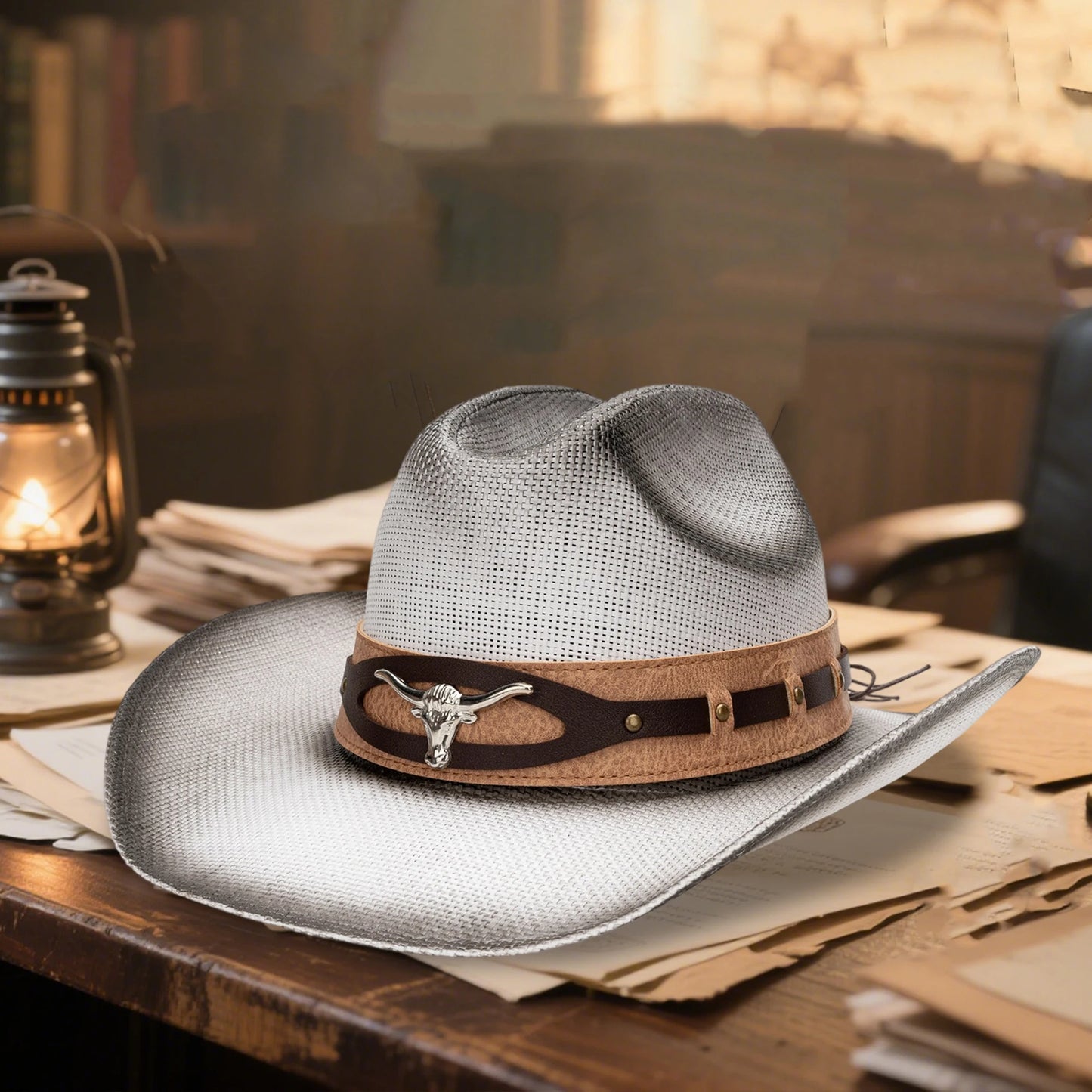 Unisex Straw Cowboy Hat With Bull Head Design Sun Protection