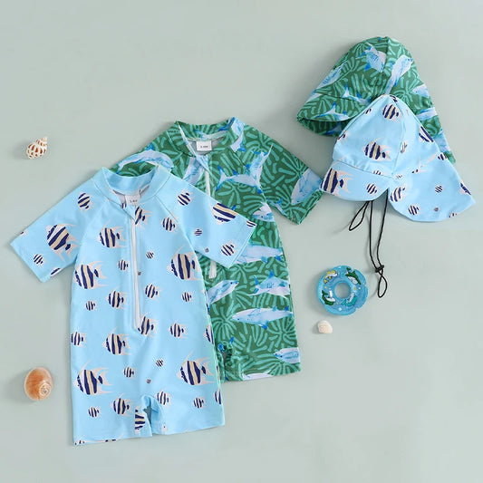 Baby Boys UPF 50 Rash Guard Swimsuit Set Fish Print