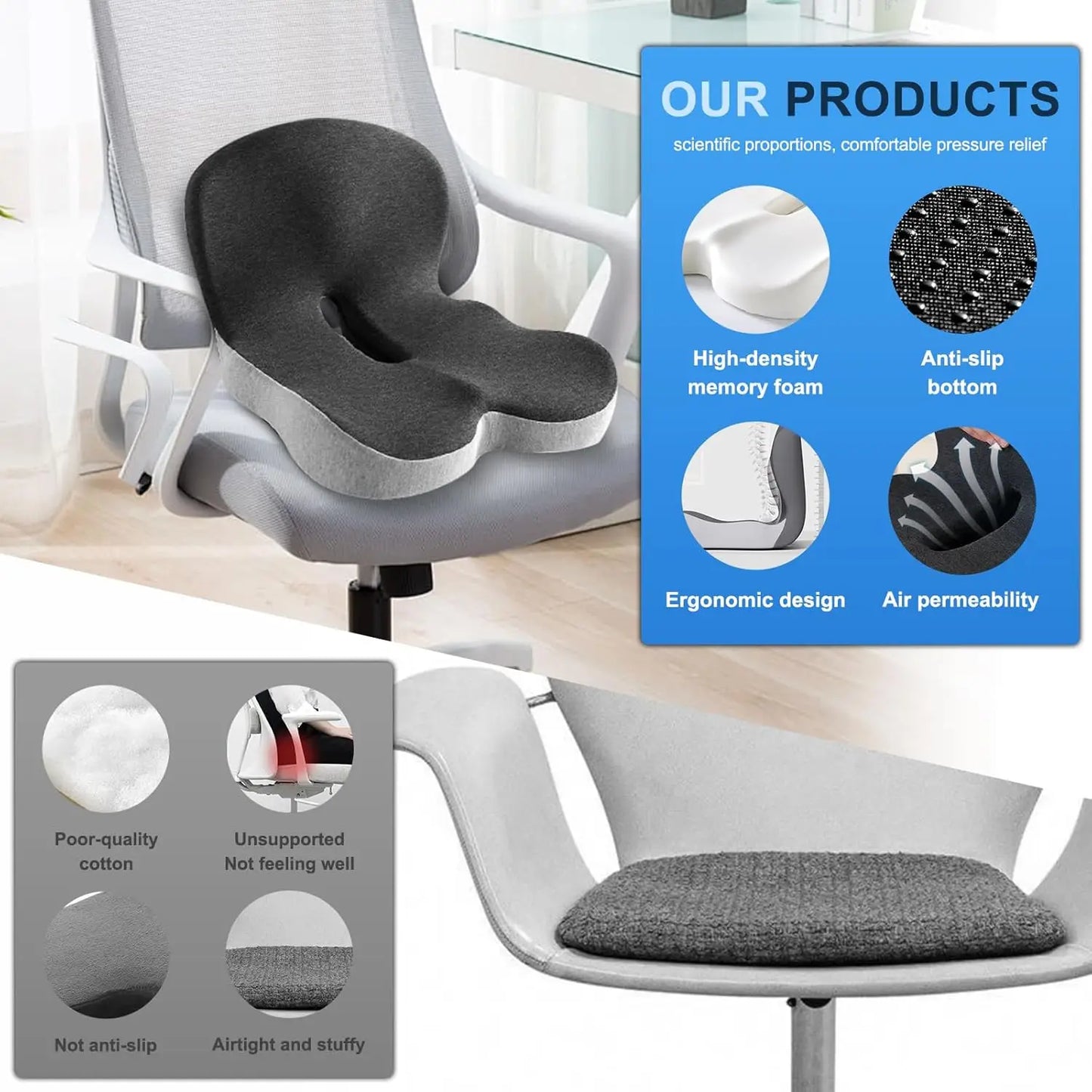 NONECN Memory Foam Office Chair Seat Cushion With Backrest