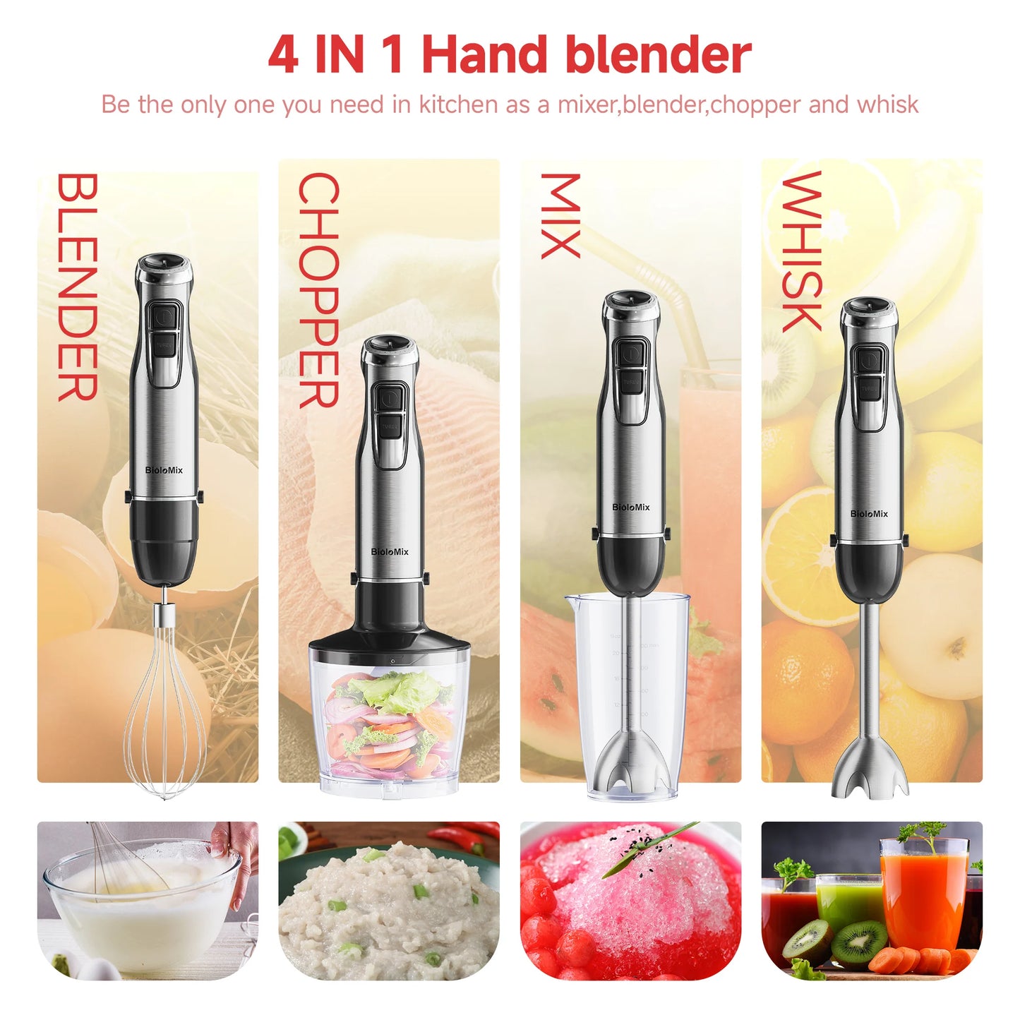 Biolomix 4 In 1 Immersion Hand Blender Chopper Smoothie Cup