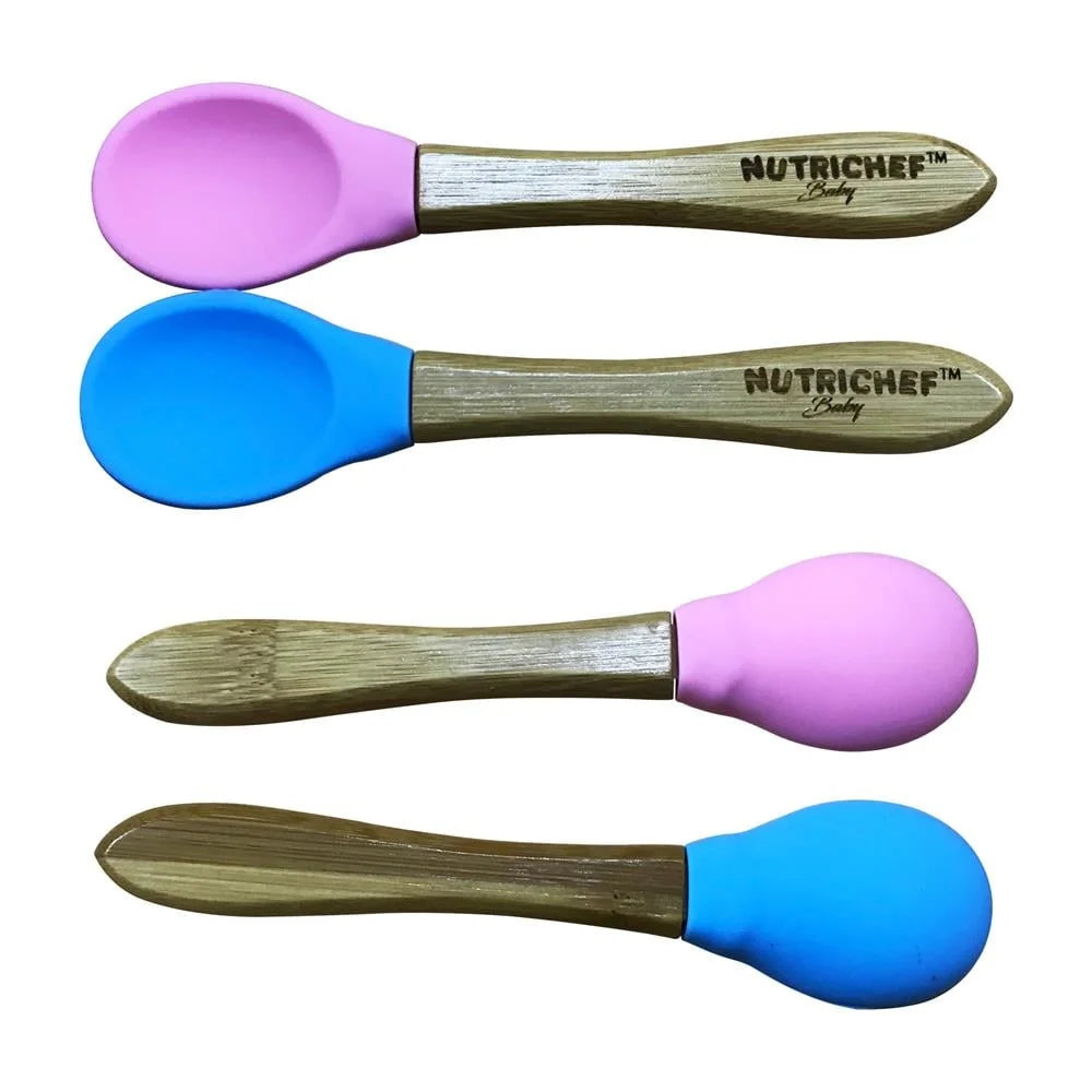 Baby Toddler Spoon Set Bamboo Utensils With Soft Silicone Tips BPA Free