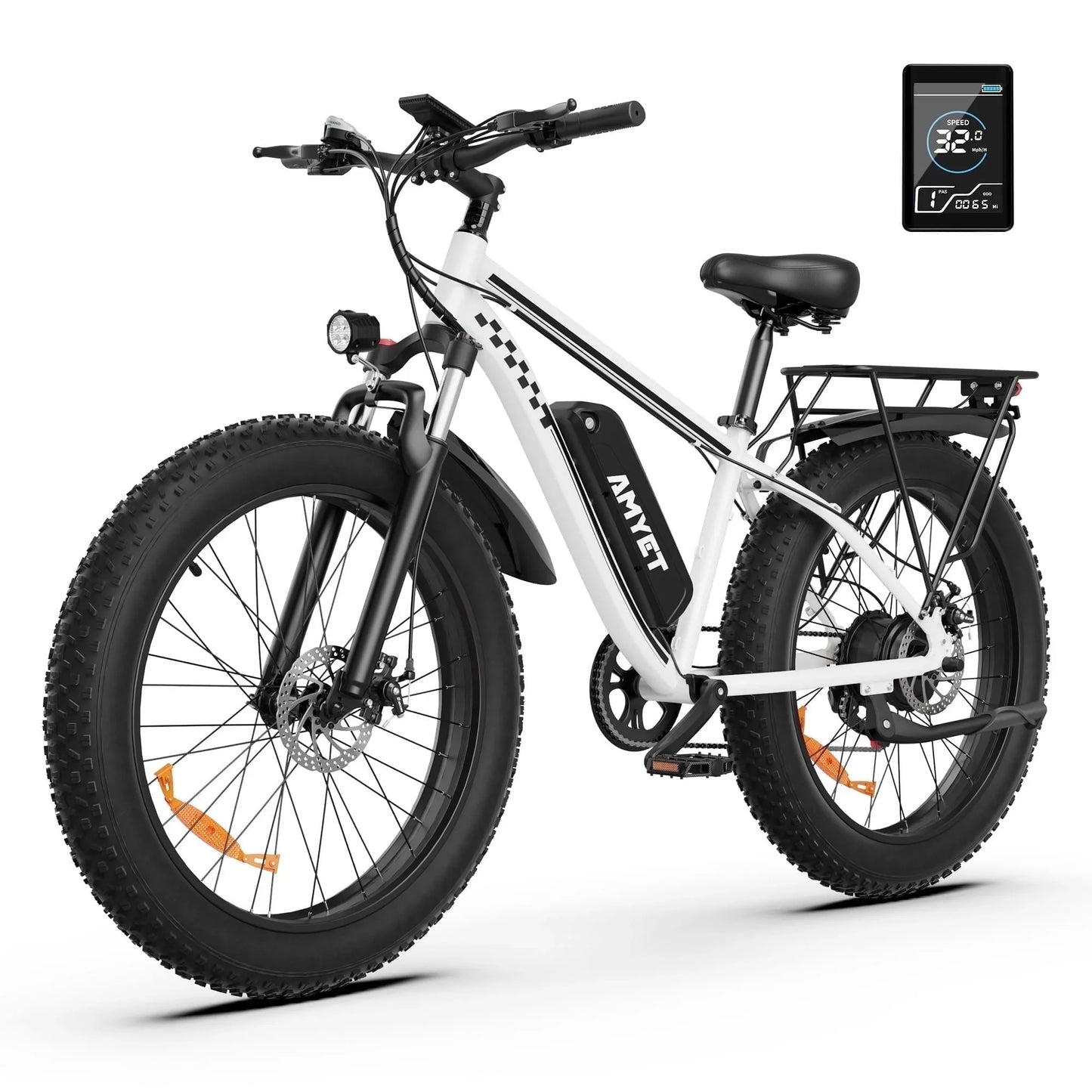 AMYET EB26 Electric Fat Tire Bike with 1500W motor and digital display for various terrains.