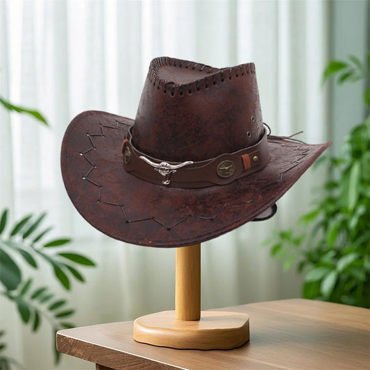 Vintage Cowboy Hat With Bull Head Buckle And Wide Brim