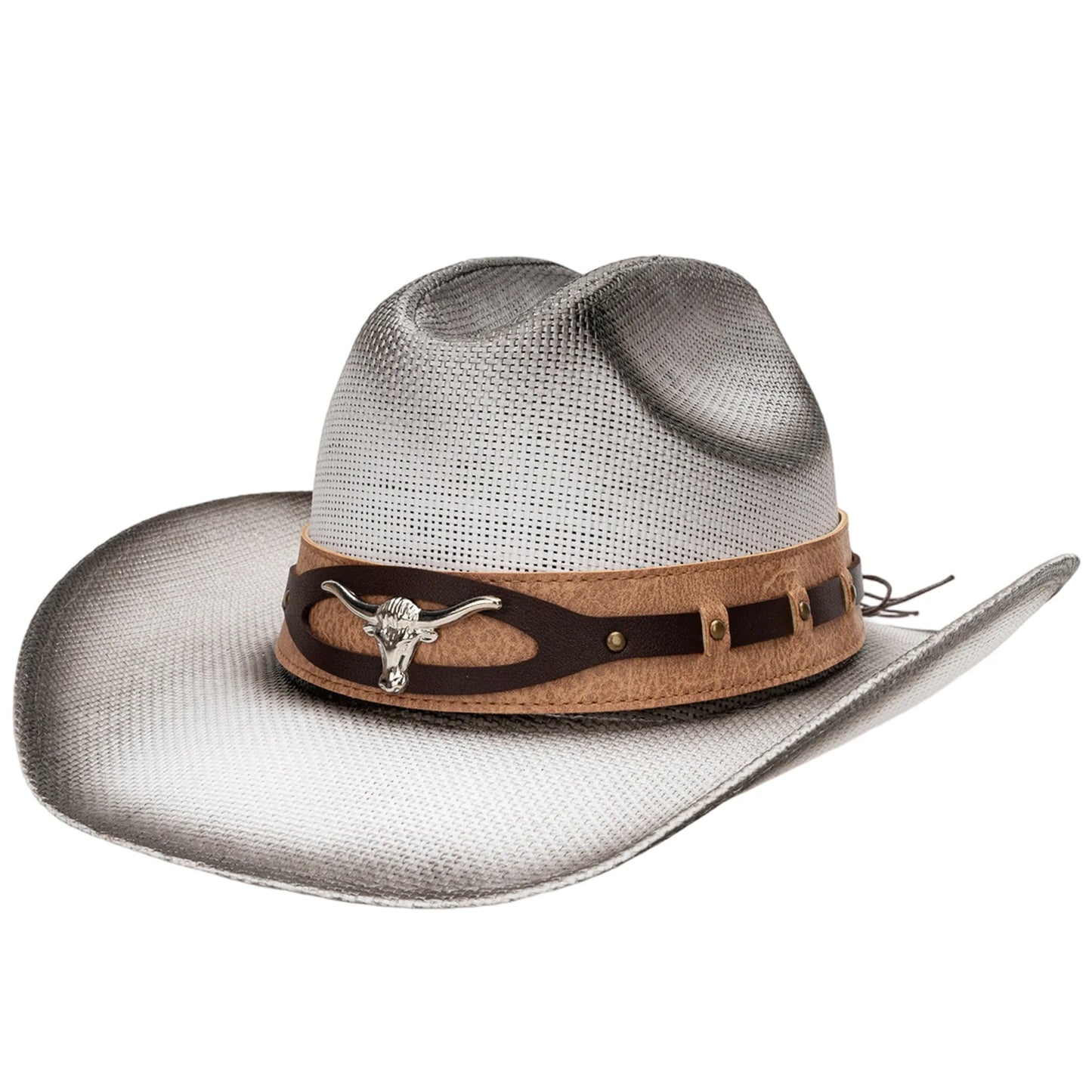 Unisex Straw Cowboy Hat With Bull Head Design Sun Protection