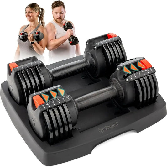 Adjustable Dumbbells Set 5in1 15lb With Rack Quick Adjust Grip