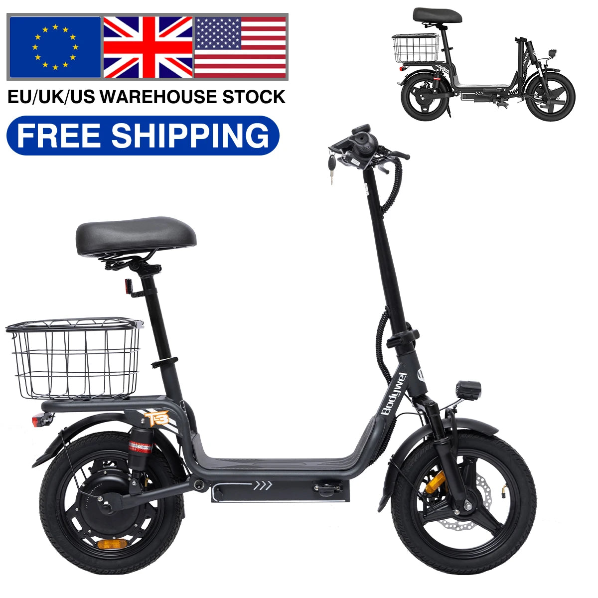 Bodywel T3 Folding Electric Bike Ebike With Seat And Basket