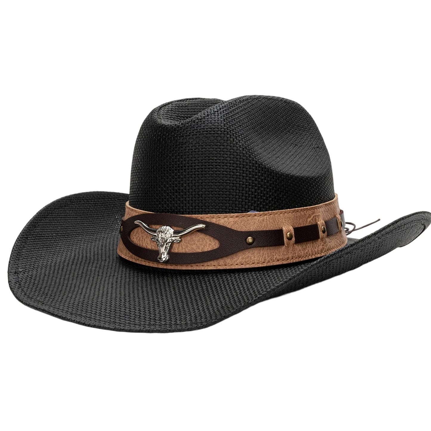 Unisex Straw Cowboy Hat With Bull Head Design Sun Protection