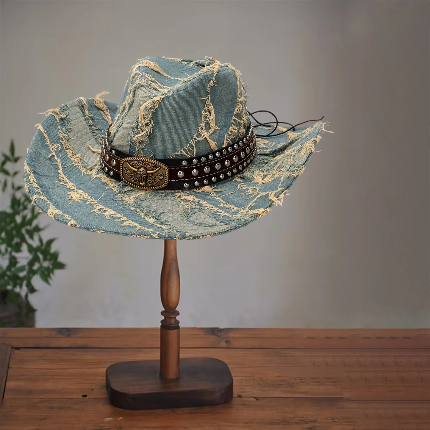 Denim Cowboy Hat With Bull Head Belt Distressed Wide Brim