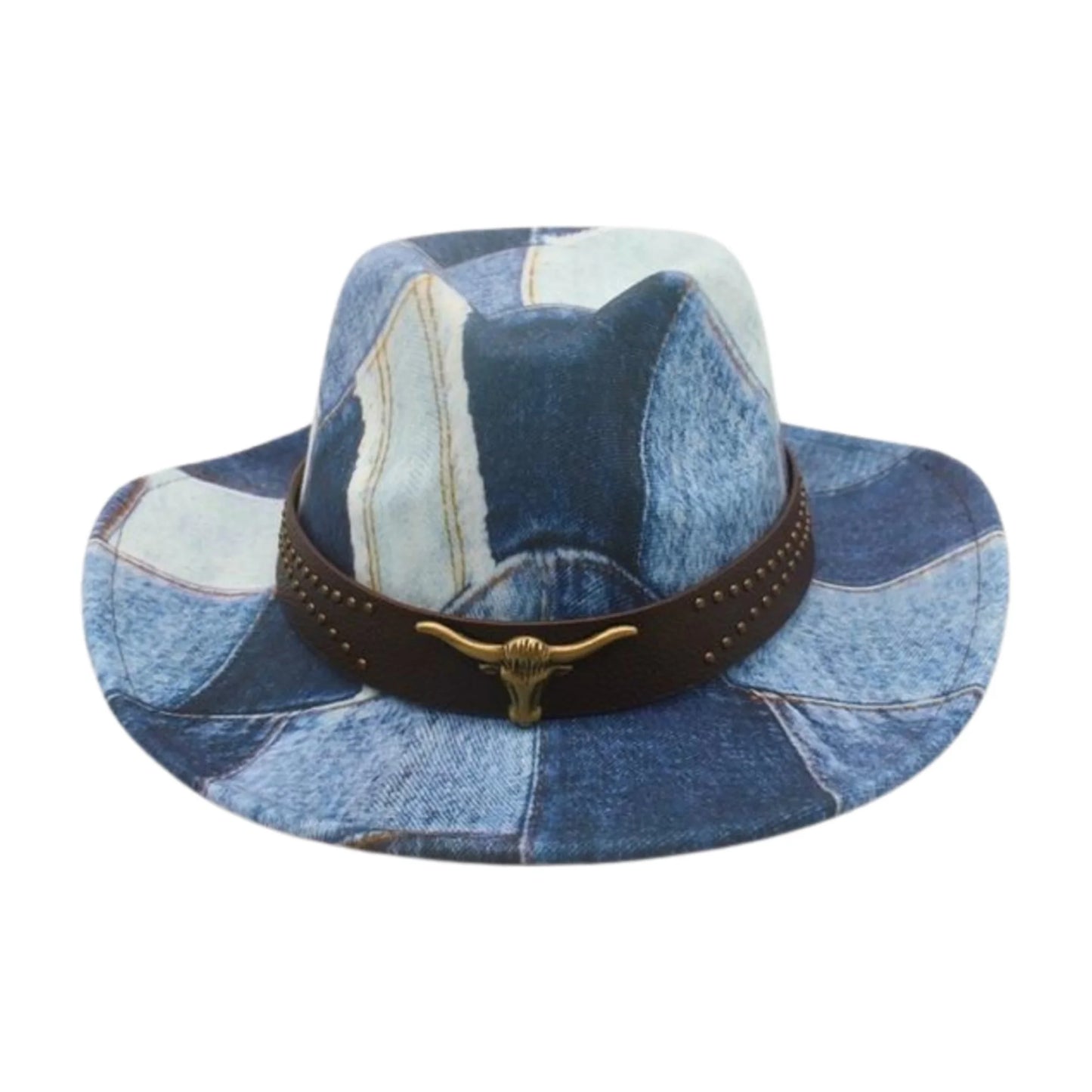 Vintage Denim Cowboy Hat Unisex With Bull Head Belt Brim