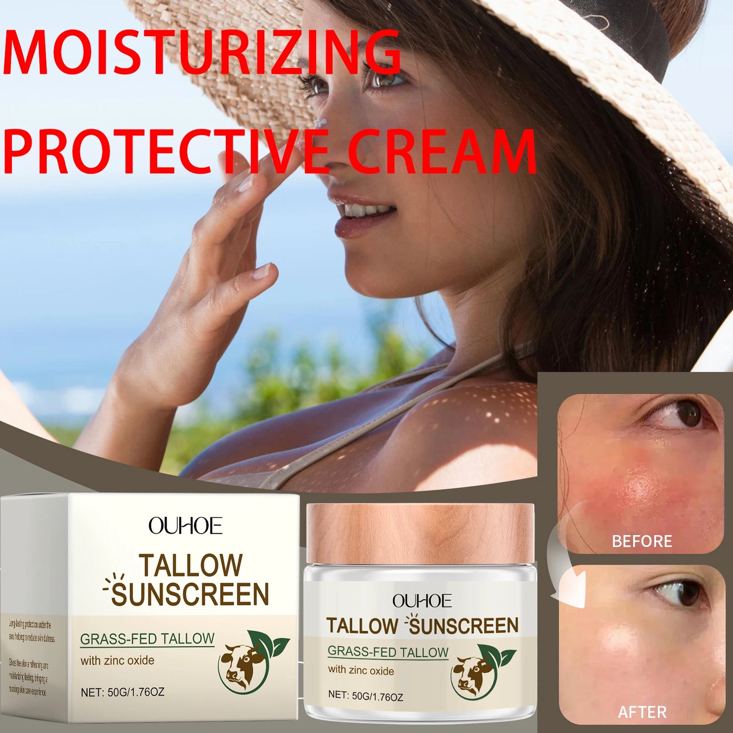 OUHOE Beef Tallow Sunscreen UV Protection Face Moisturizer