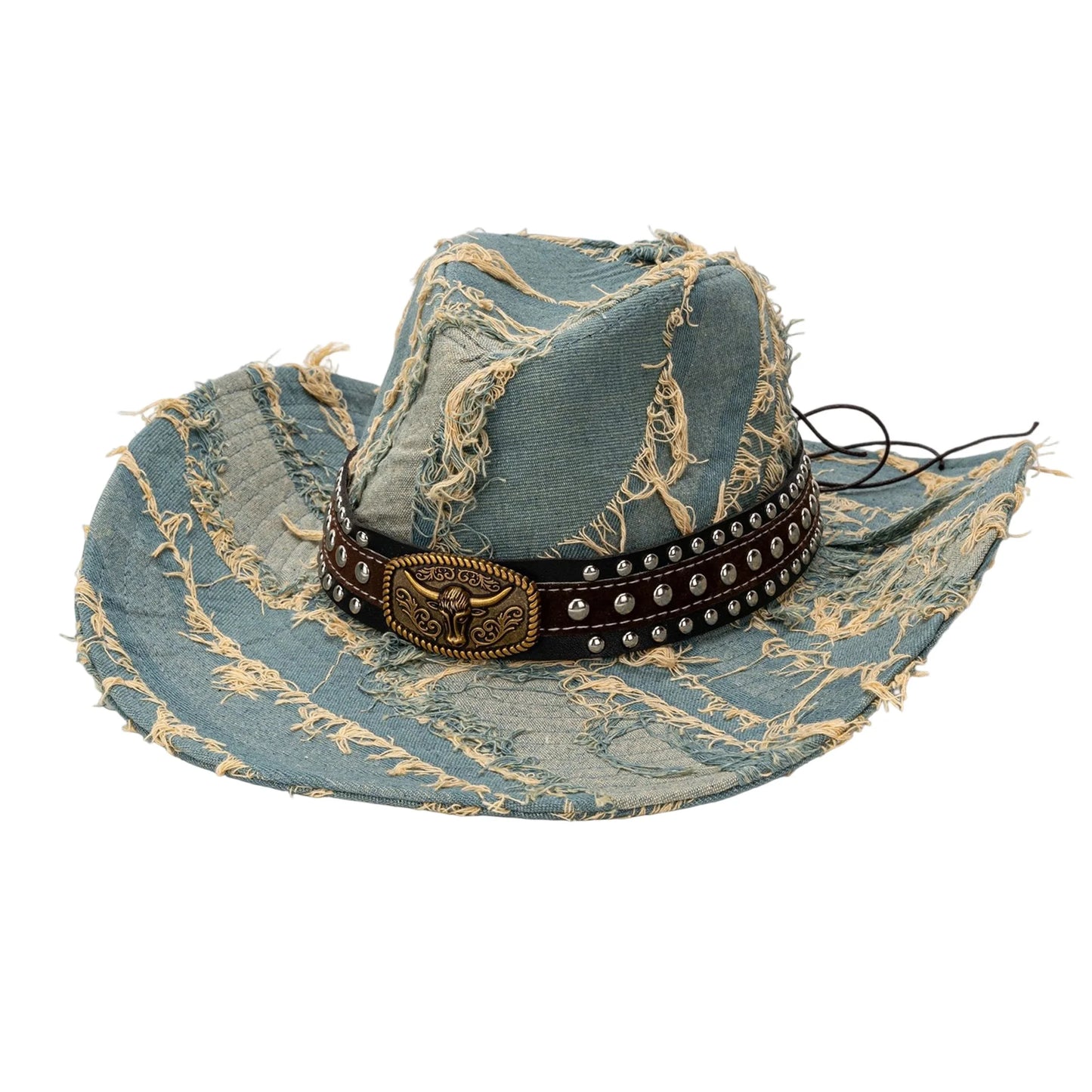 Denim Cowboy Hat With Bull Head Belt Distressed Wide Brim