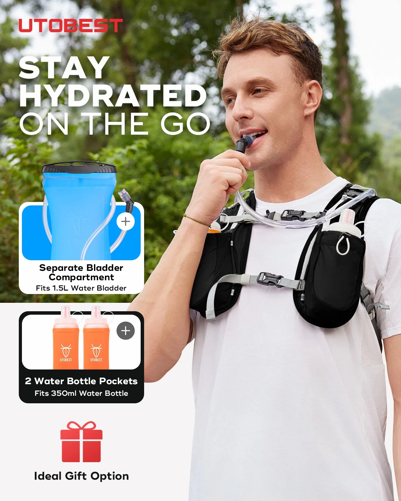 UTOBEST Hydration Running Vest With Reservoir Ultralight Multi Pocket Outdoors