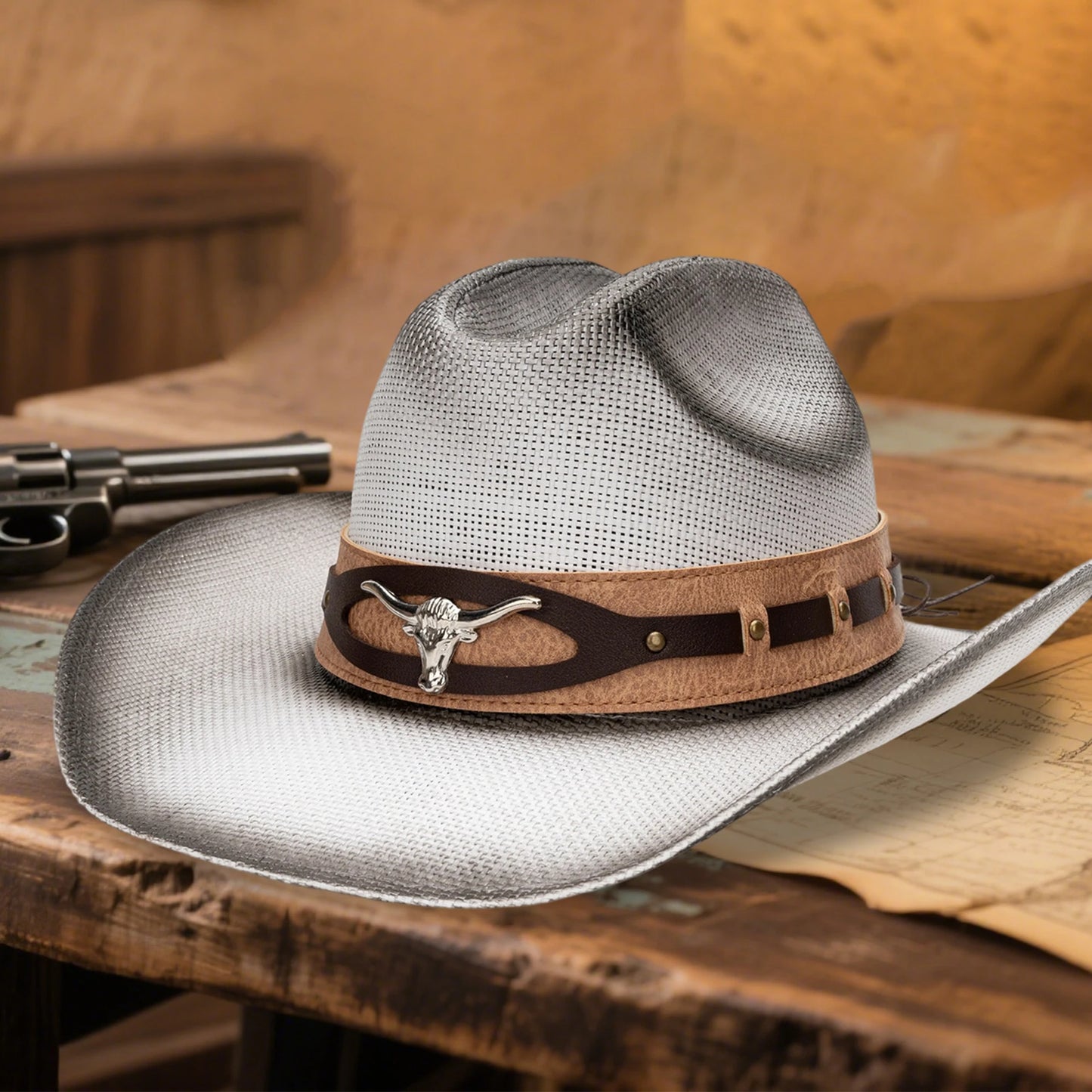 Unisex Straw Cowboy Hat With Bull Head Design Sun Protection
