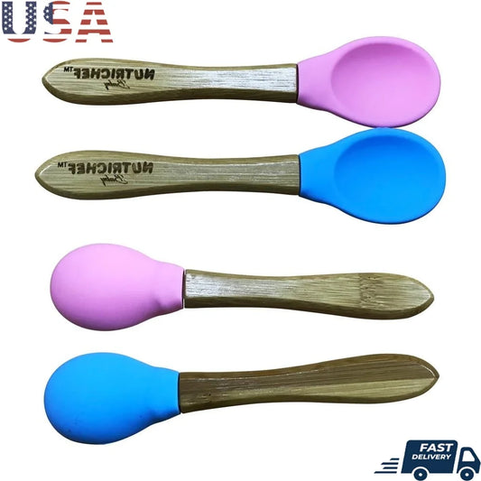 Baby Toddler Spoon Set Bamboo Utensils With Soft Silicone Tips BPA Free