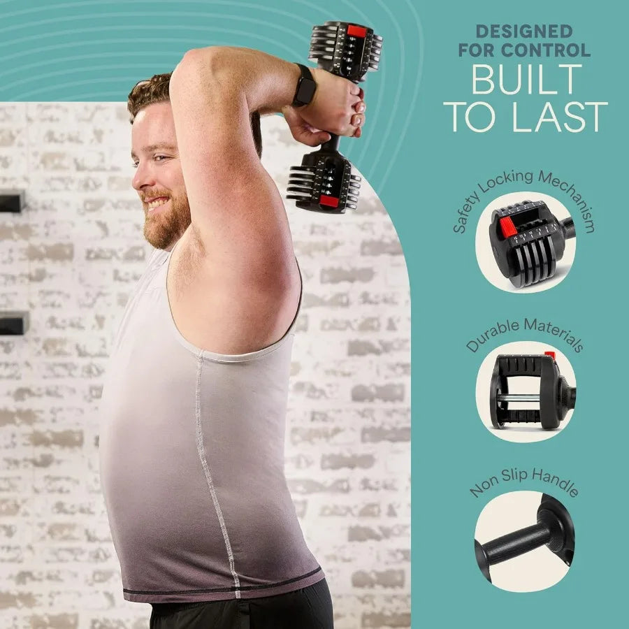 Adjustable Dumbbells Set 5in1 15lb With Rack Quick Adjust Grip