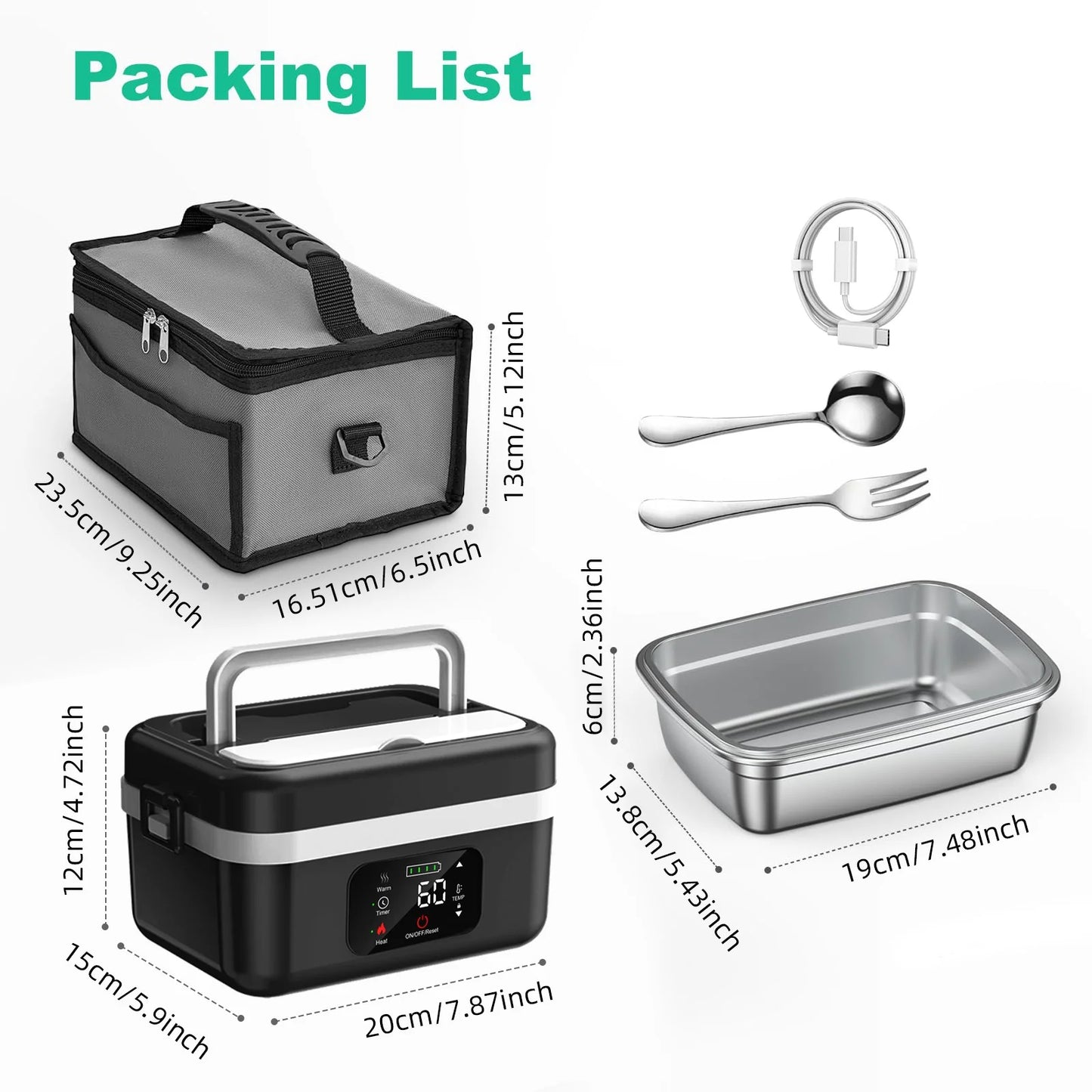 Wireless Electric Insulated Lunch Box 8000mAh Battery And 60W Heating