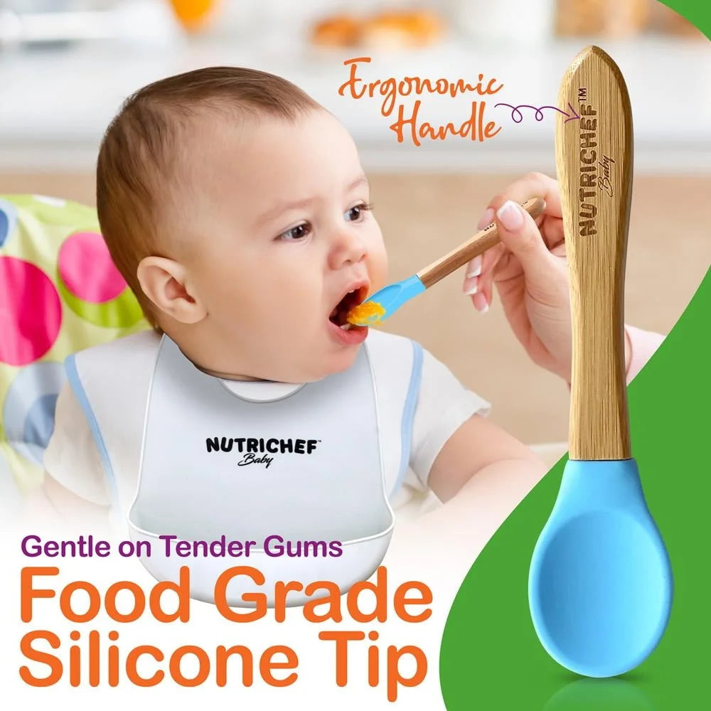 Baby Toddler Spoon Set Bamboo Utensils With Soft Silicone Tips BPA Free