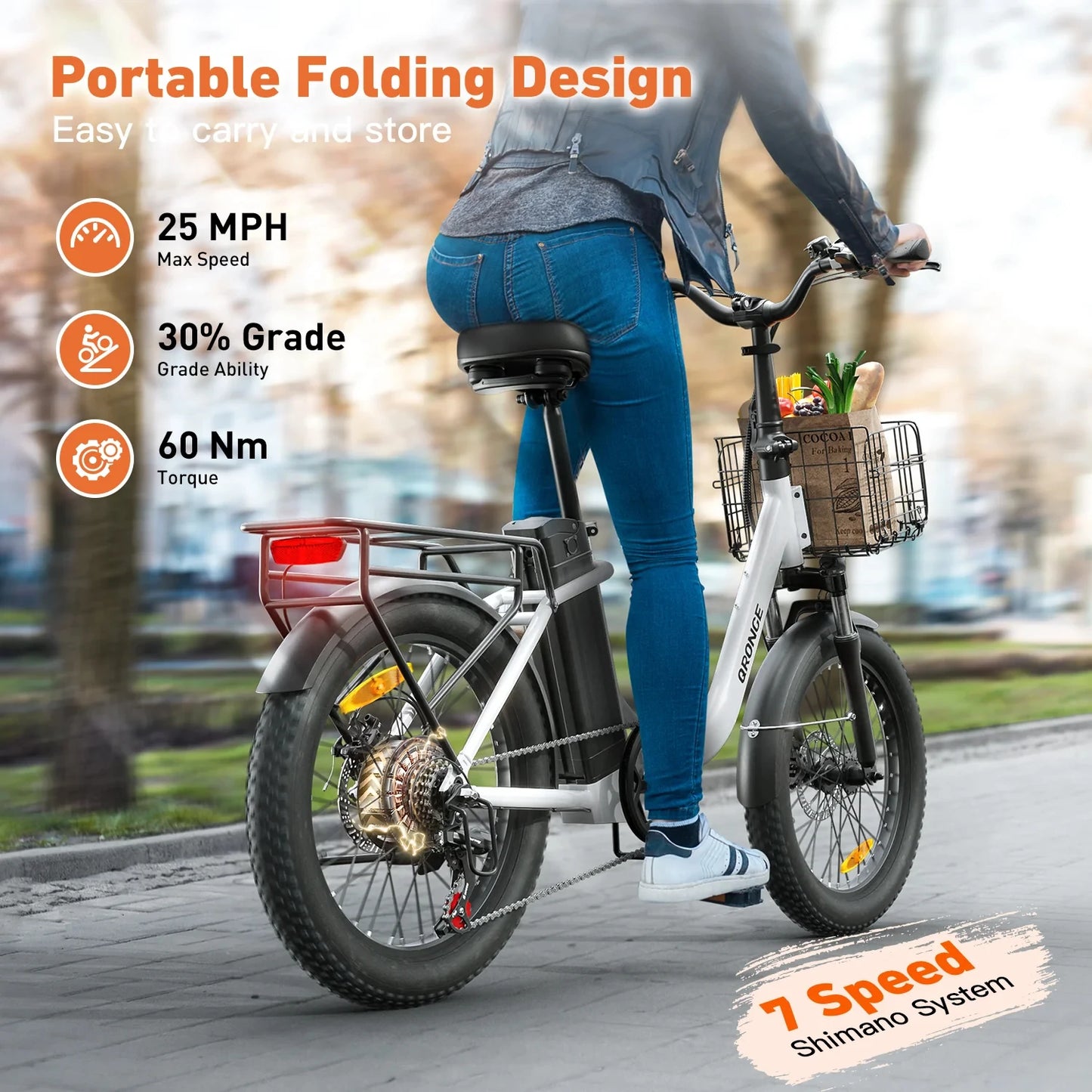 QRONGE 1000W Folding Electric Bike 486Wh Battery 70 Mile Range