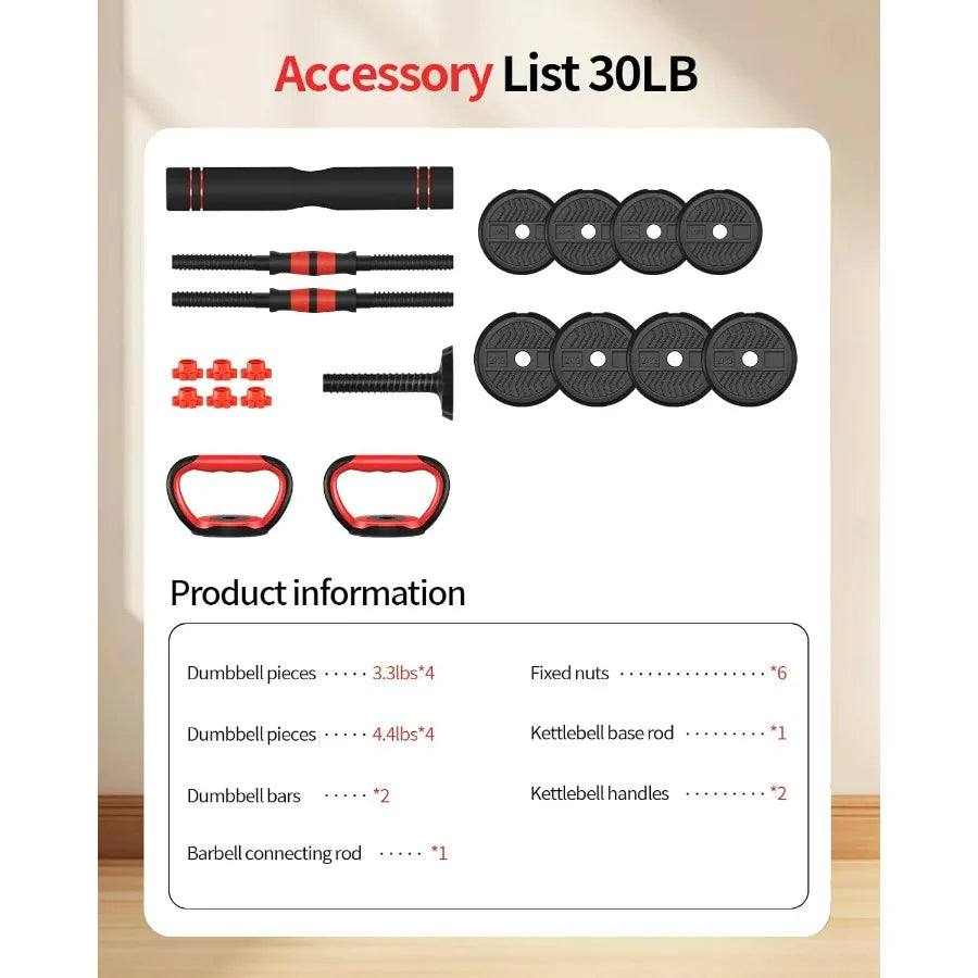 Adjustable 30lb Dumbbells Free Weight Set With Connector 4in1