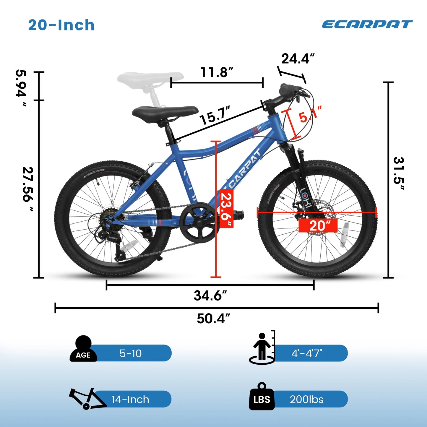 Ecarpat Kids Mountain Bike 7 Speed Front Suspension Disc Brake