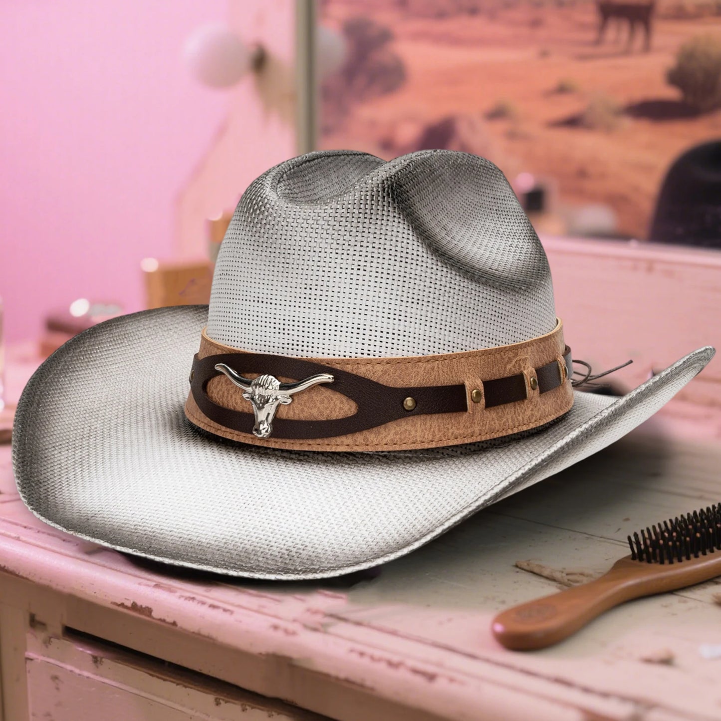 Unisex Straw Cowboy Hat With Bull Head Design Sun Protection