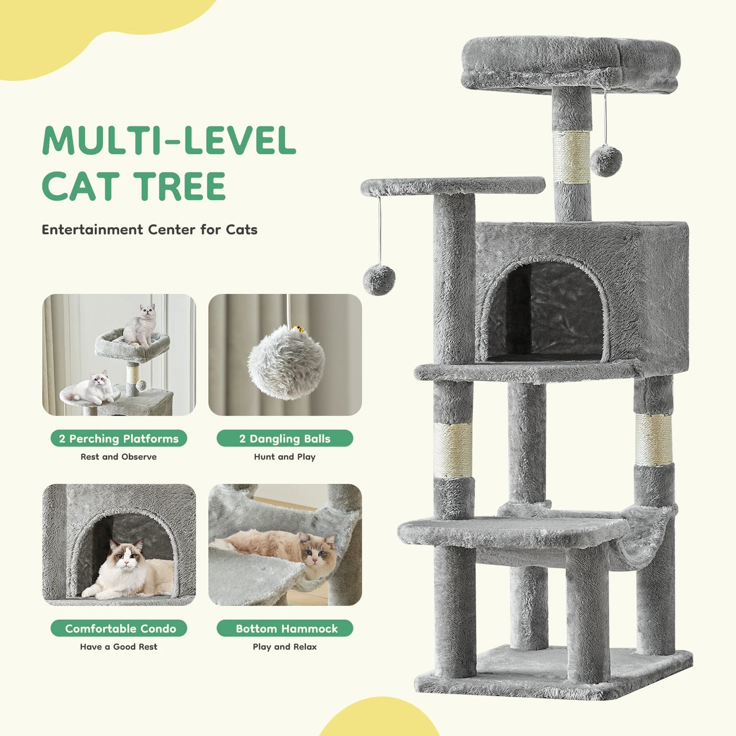 JHK Cat Tree Multi Cat Climbing Tower Natural Sisal Posts