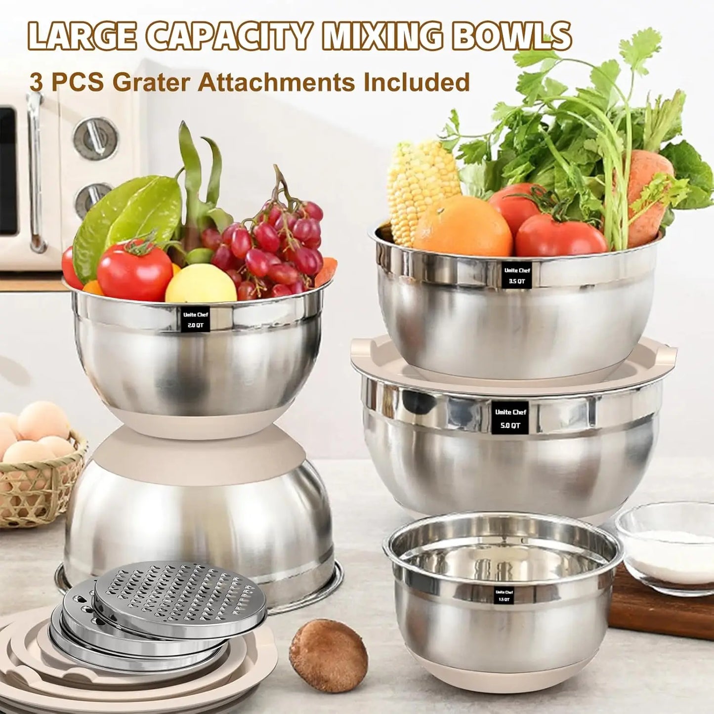 Stainless Steel Mixing Bowls Set With Airtight Lids Grater Attachments