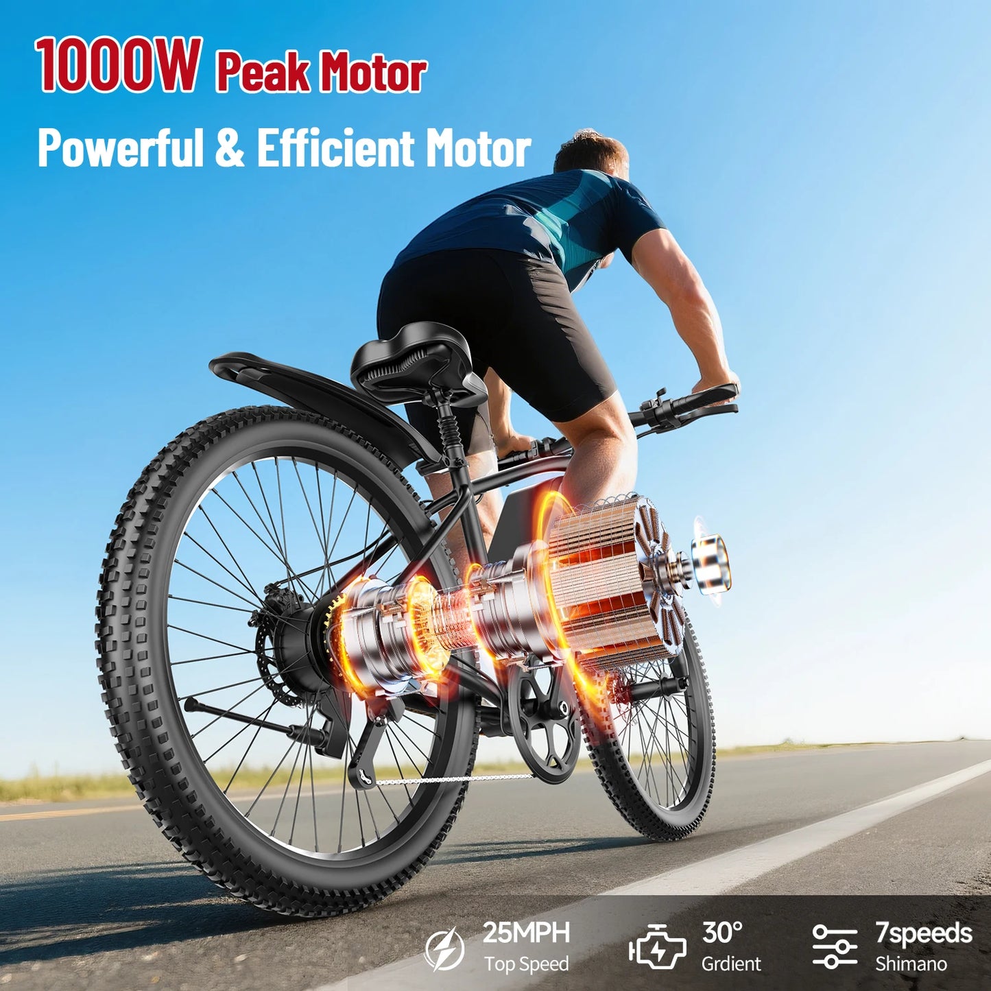 X-koala 1000W Electric Mountain Bike 25MPH 40 Miles Range