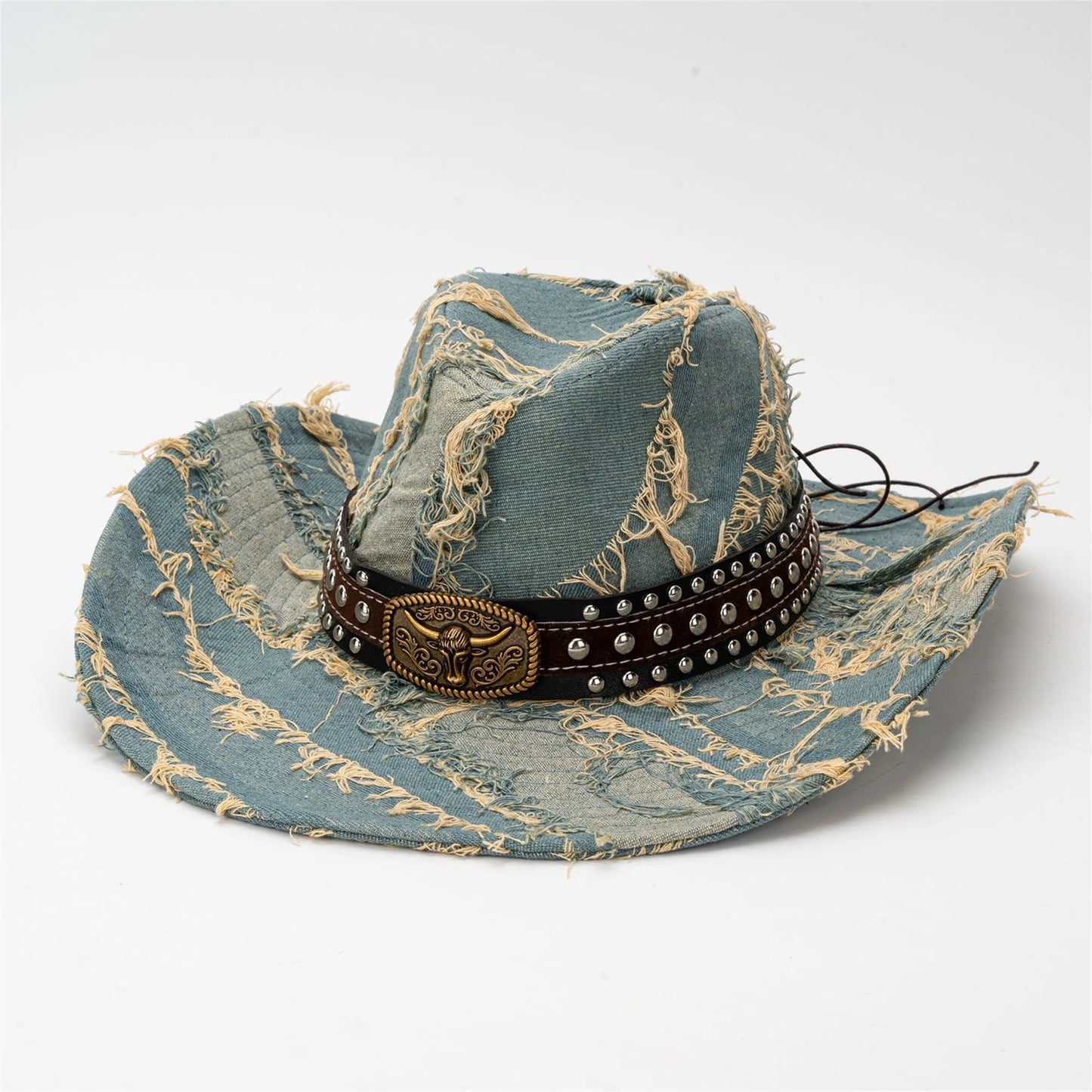 Denim Cowboy Hat With Bull Head Belt Distressed Wide Brim