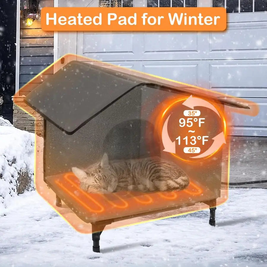Heated Outdoor Cat House With Heating Pad And Insulated Shelter