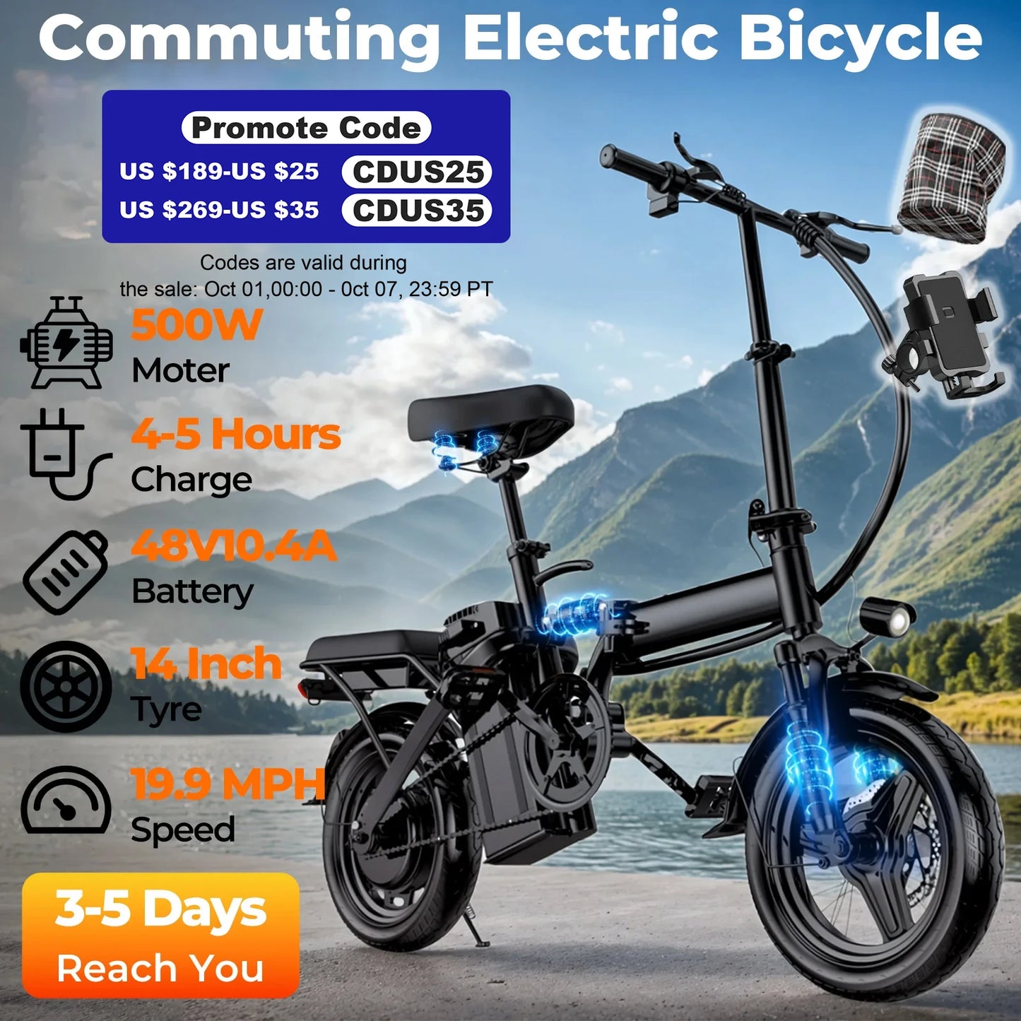 LELEKUAIC Folding Electric Bike for Adults Removable Battery 500W