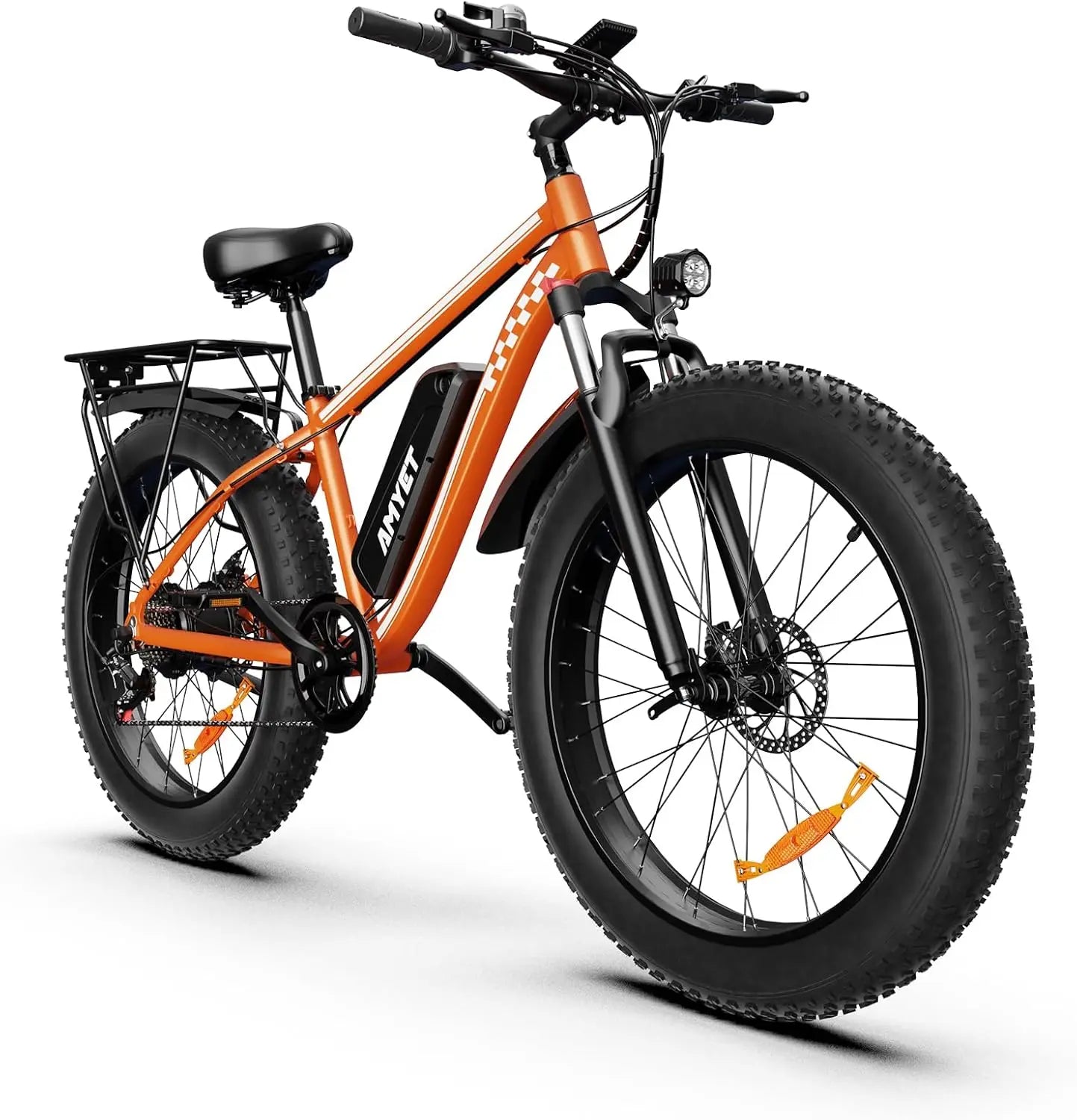 AMYET EB26 Electric Fat Tire Bike in vibrant orange showcasing its powerful design and fat tires.