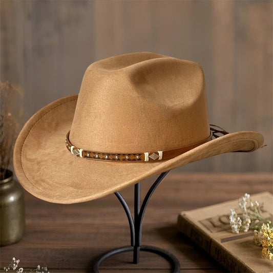 Unisex Cowboy Hats With Embellished Band Wide Brim For Travel